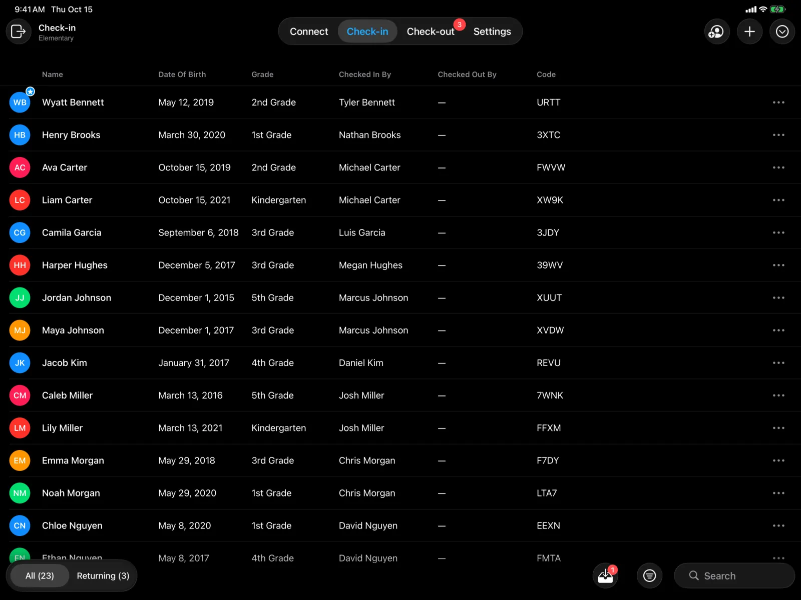 The admin Check-in tab listing children checked in to a location