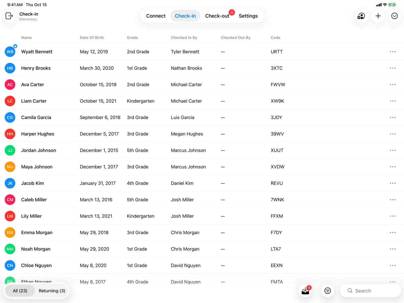 The admin Check-in tab listing children checked in to a location