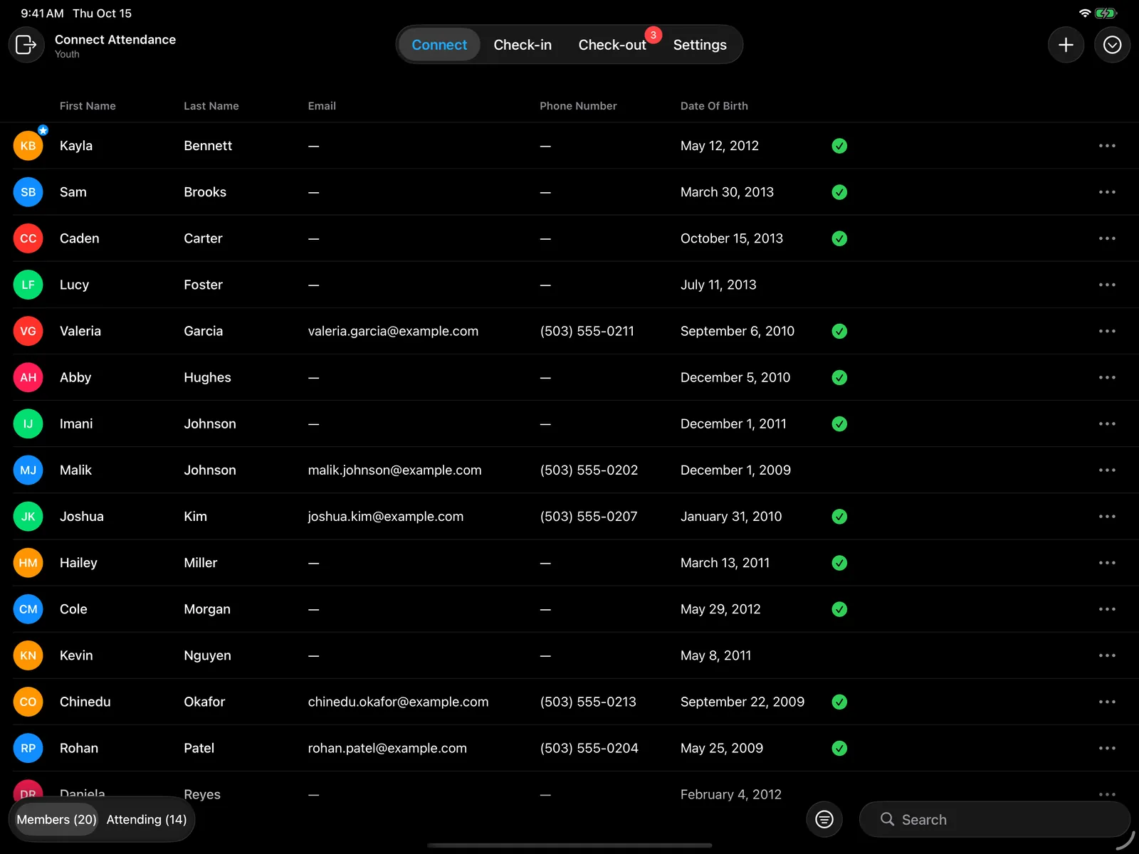 The Connect tab listing a connect’s members, with checks next to those attending