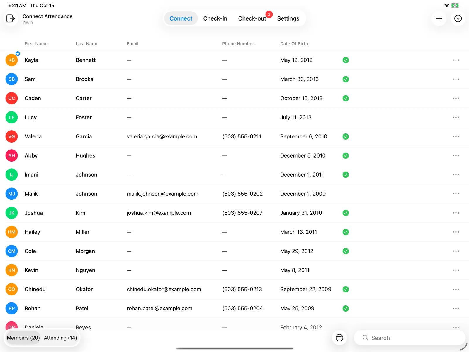 The Connect tab listing a connect’s members, with checks next to those attending