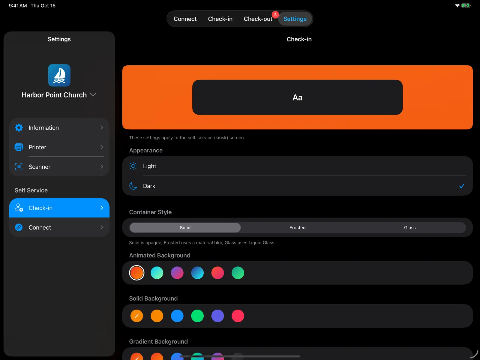 Kiosk appearance settings with a preview, light and dark, container style, and backgrounds