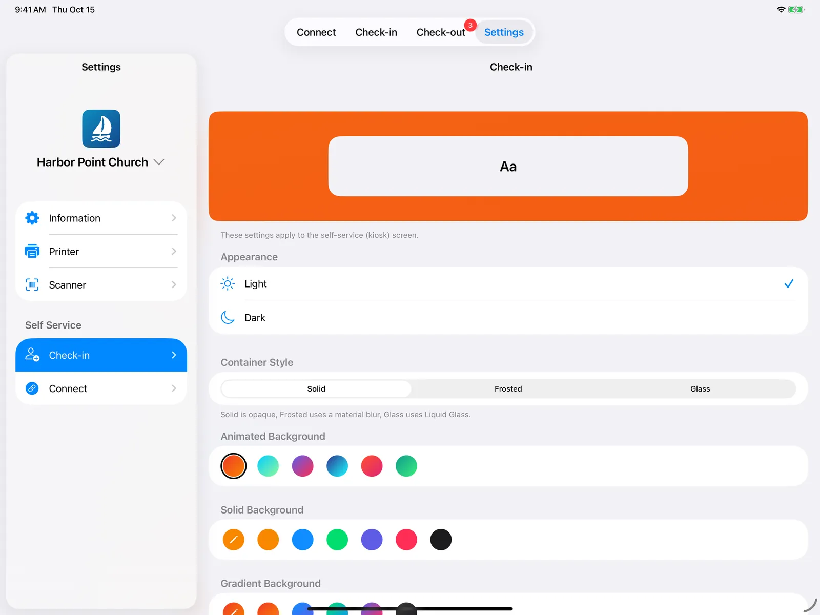 Kiosk appearance settings with a preview, light and dark, container style, and backgrounds