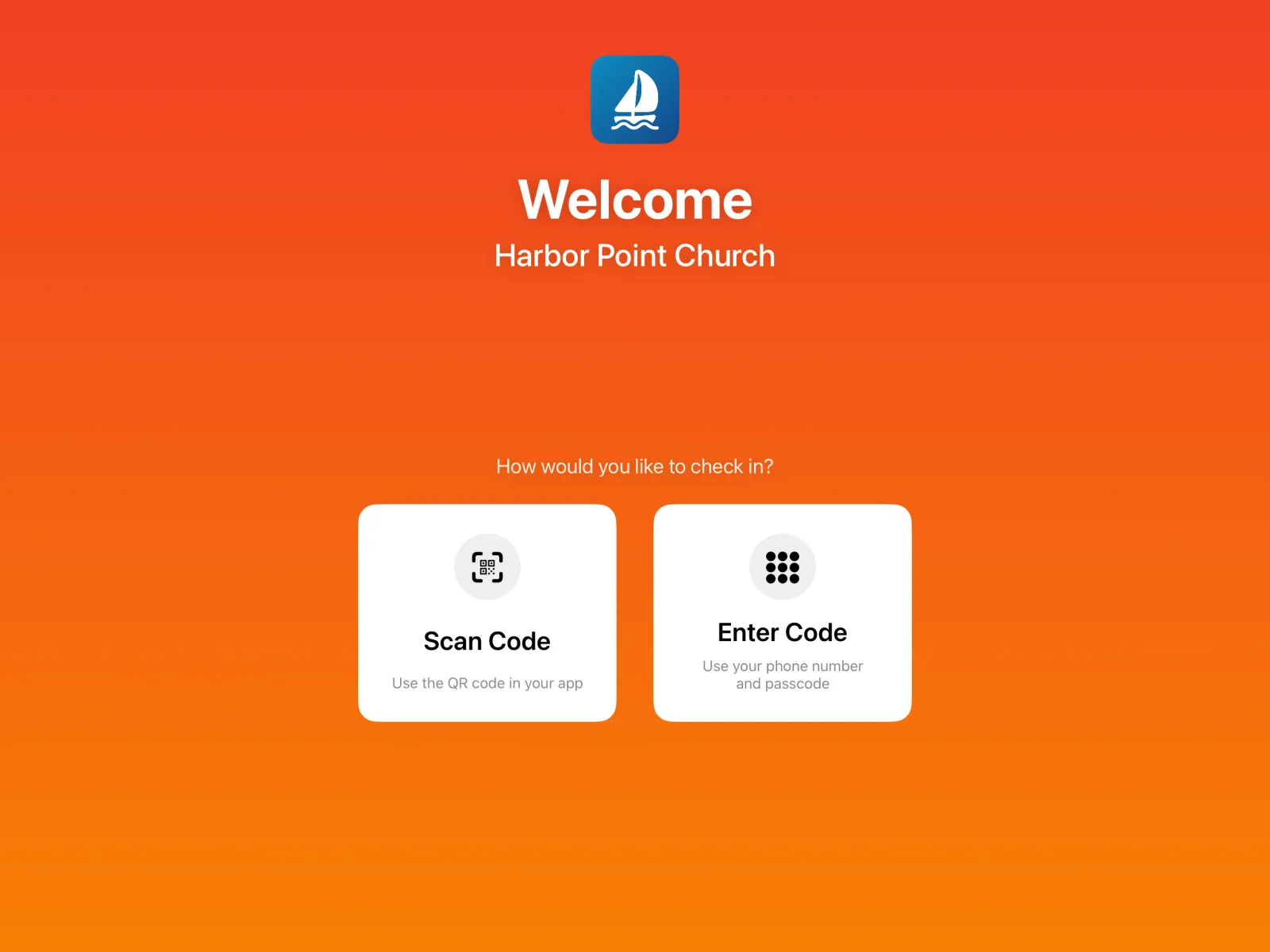 The Check-in Portal’s self-service welcome screen on an iPad