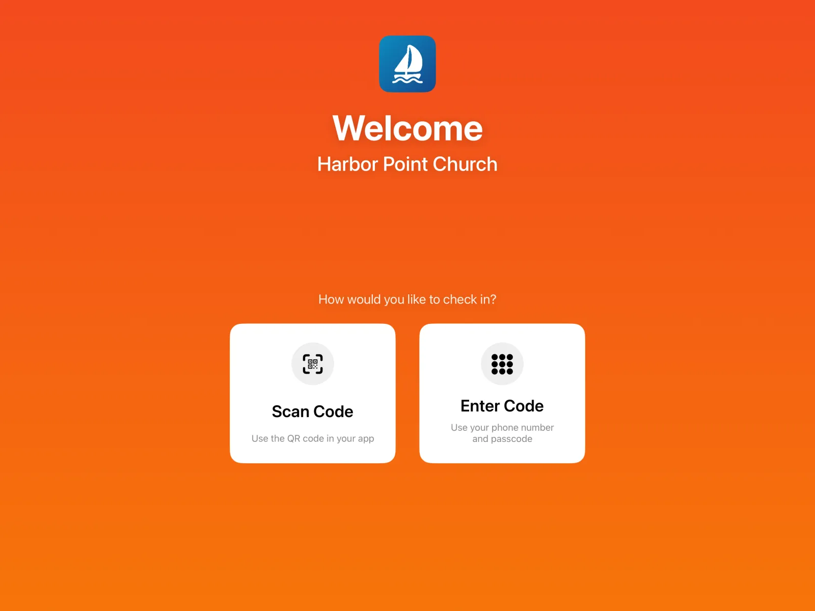 The Check-in Portal’s self-service welcome screen on an iPad