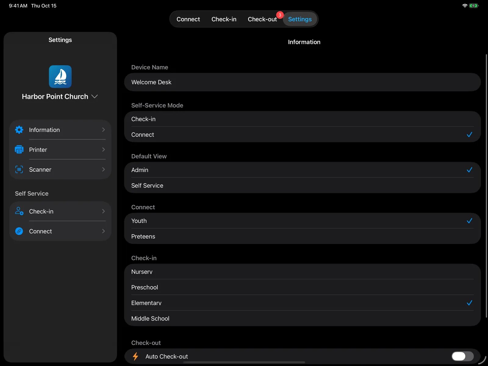 Check-in Portal settings on the Information page