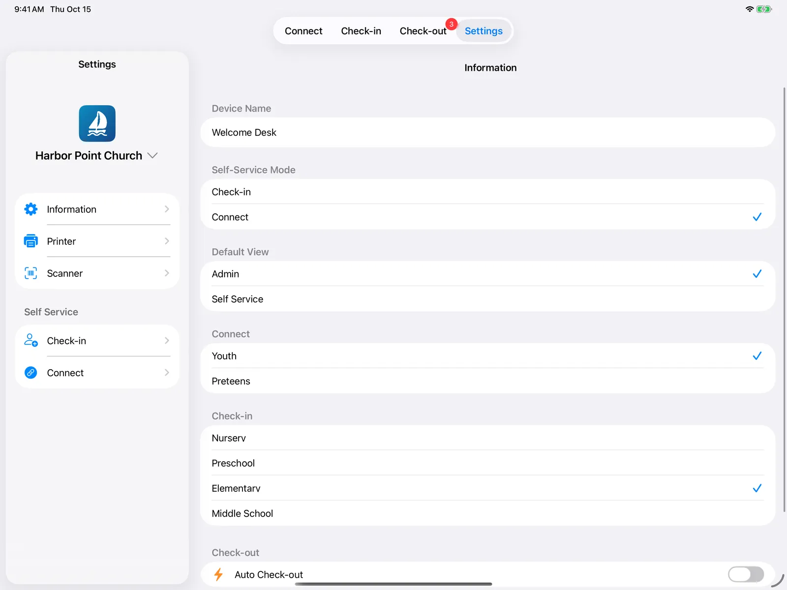 Check-in Portal settings on the Information page