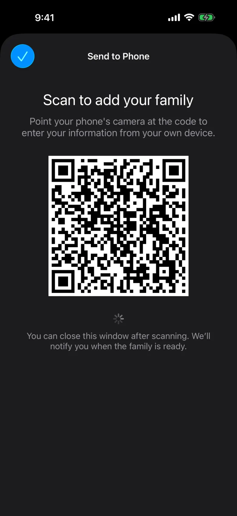Send to Phone showing a QR code for the family to scan