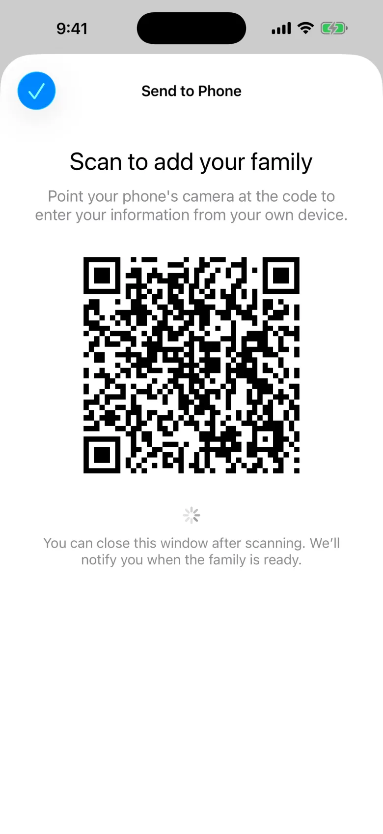 Send to Phone showing a QR code for the family to scan