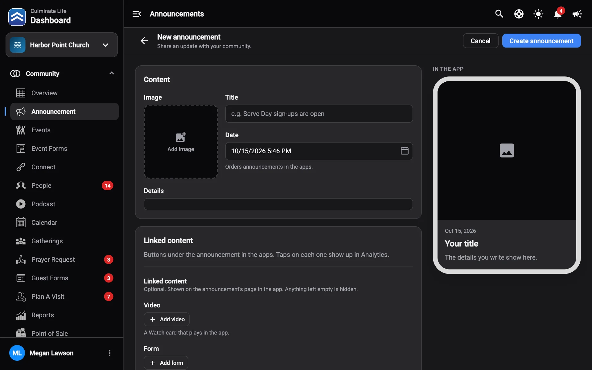 The announcement editor with a preview of how it looks in the app