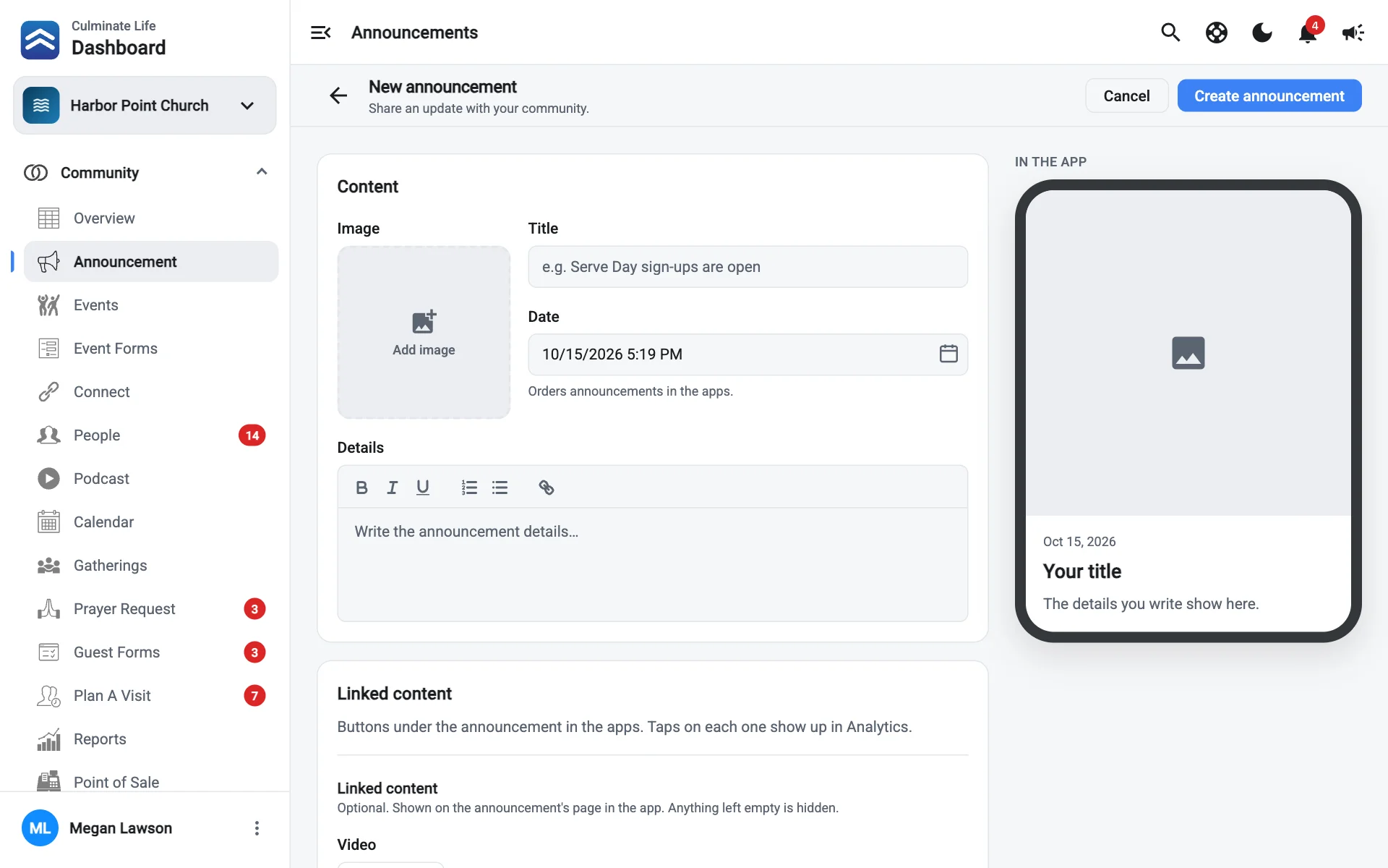 The announcement editor with a preview of how it looks in the app