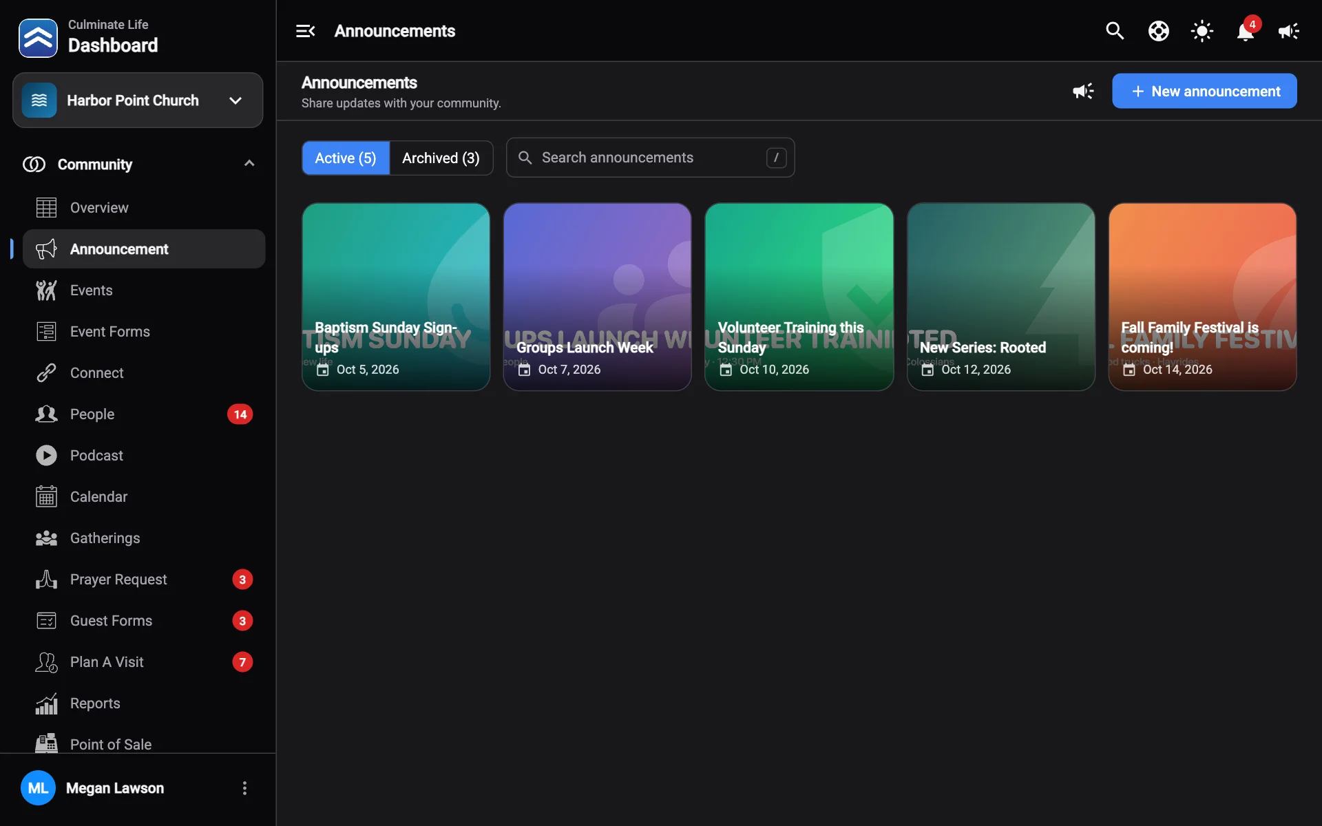 The Announcements page with active announcements