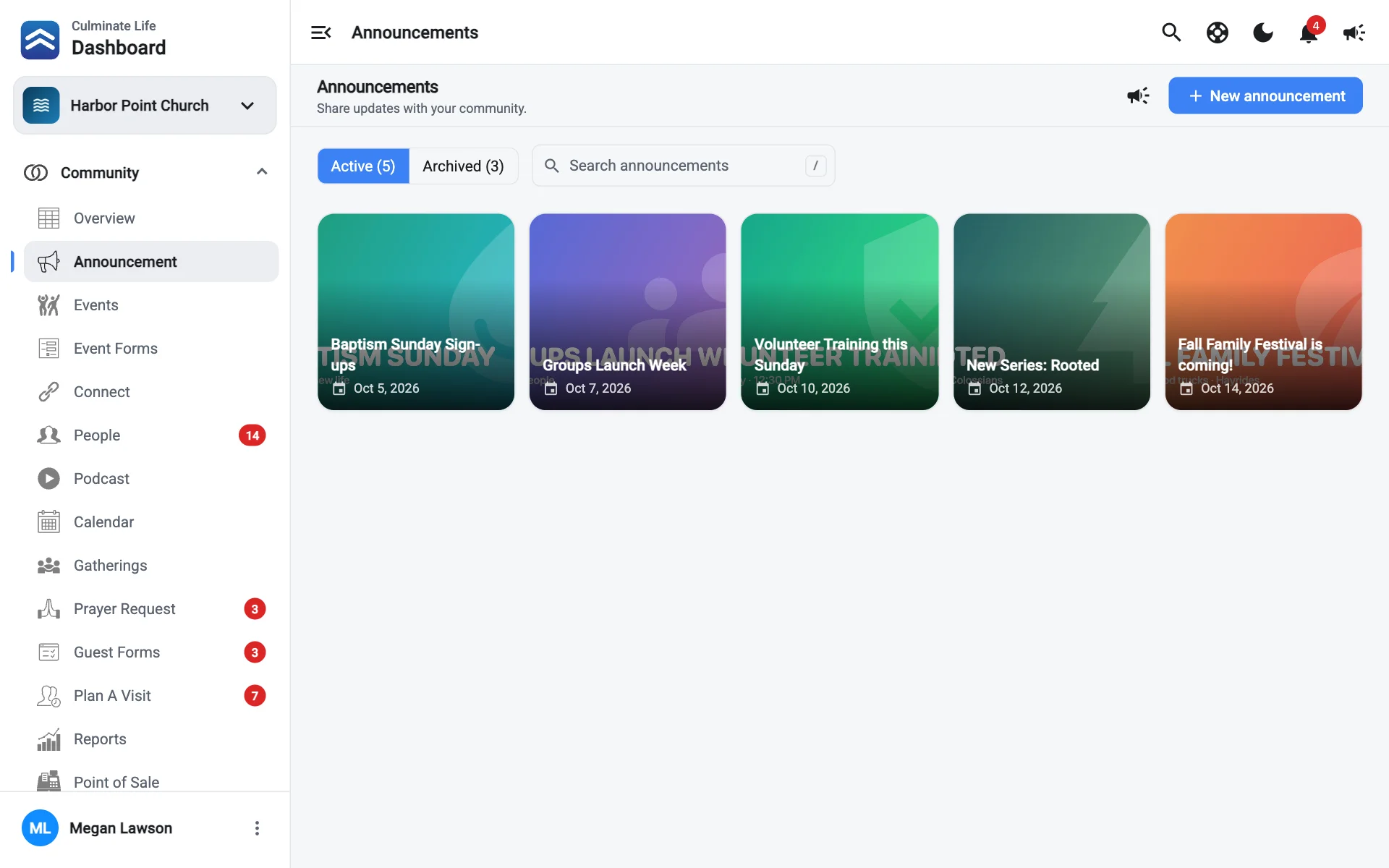 The Announcements page with active announcements