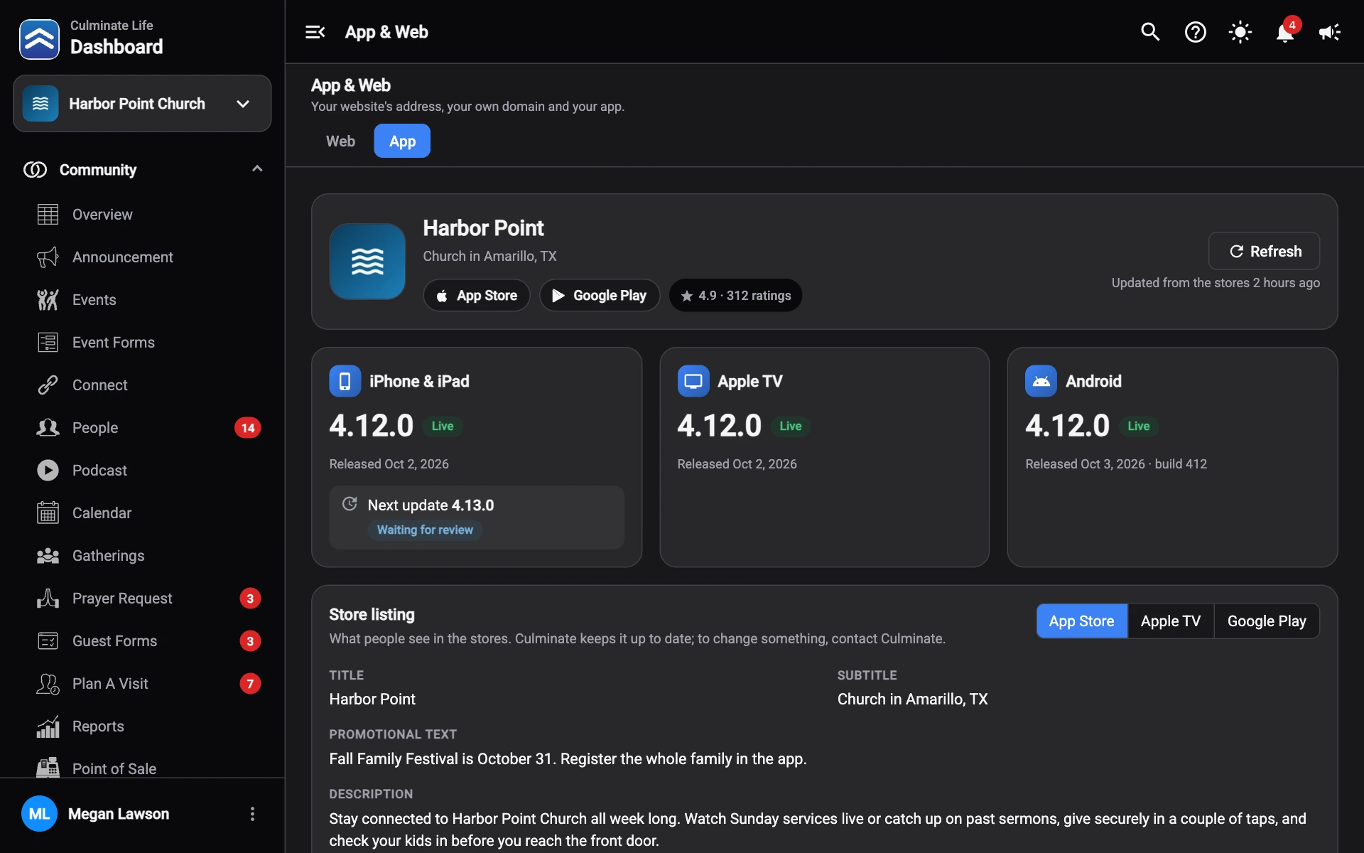 The App tab with the app’s store links, its iPhone & iPad, Apple TV, and Android versions, and the store listing