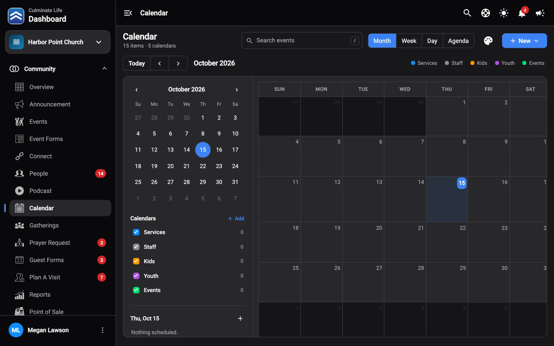 The Calendar in month view with coloured items