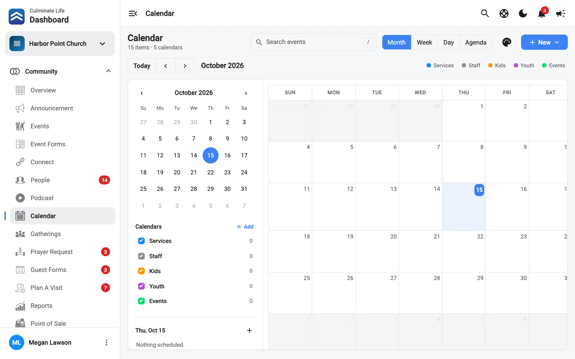 The Calendar in month view with coloured items