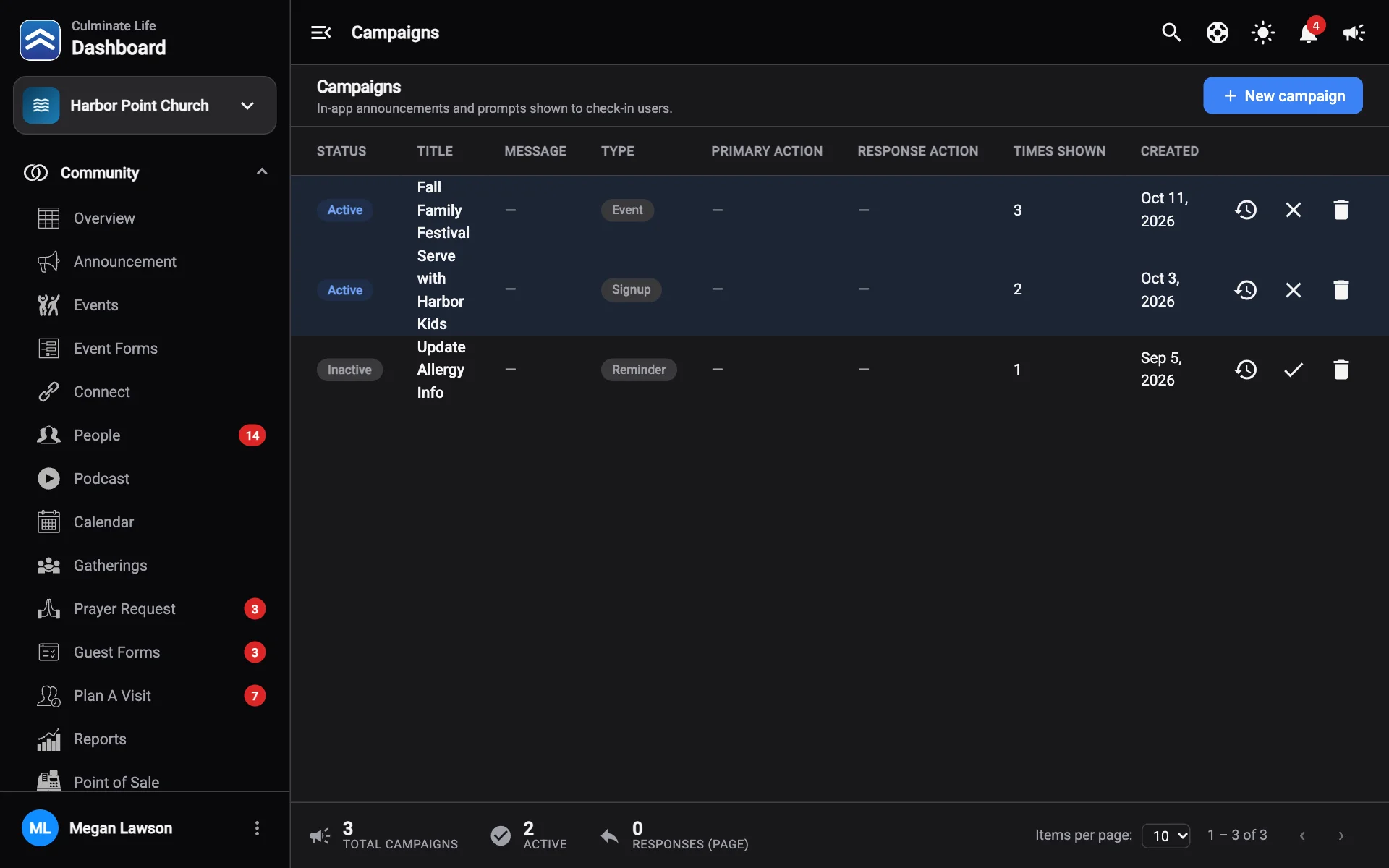 Check-in campaigns with their status and responses