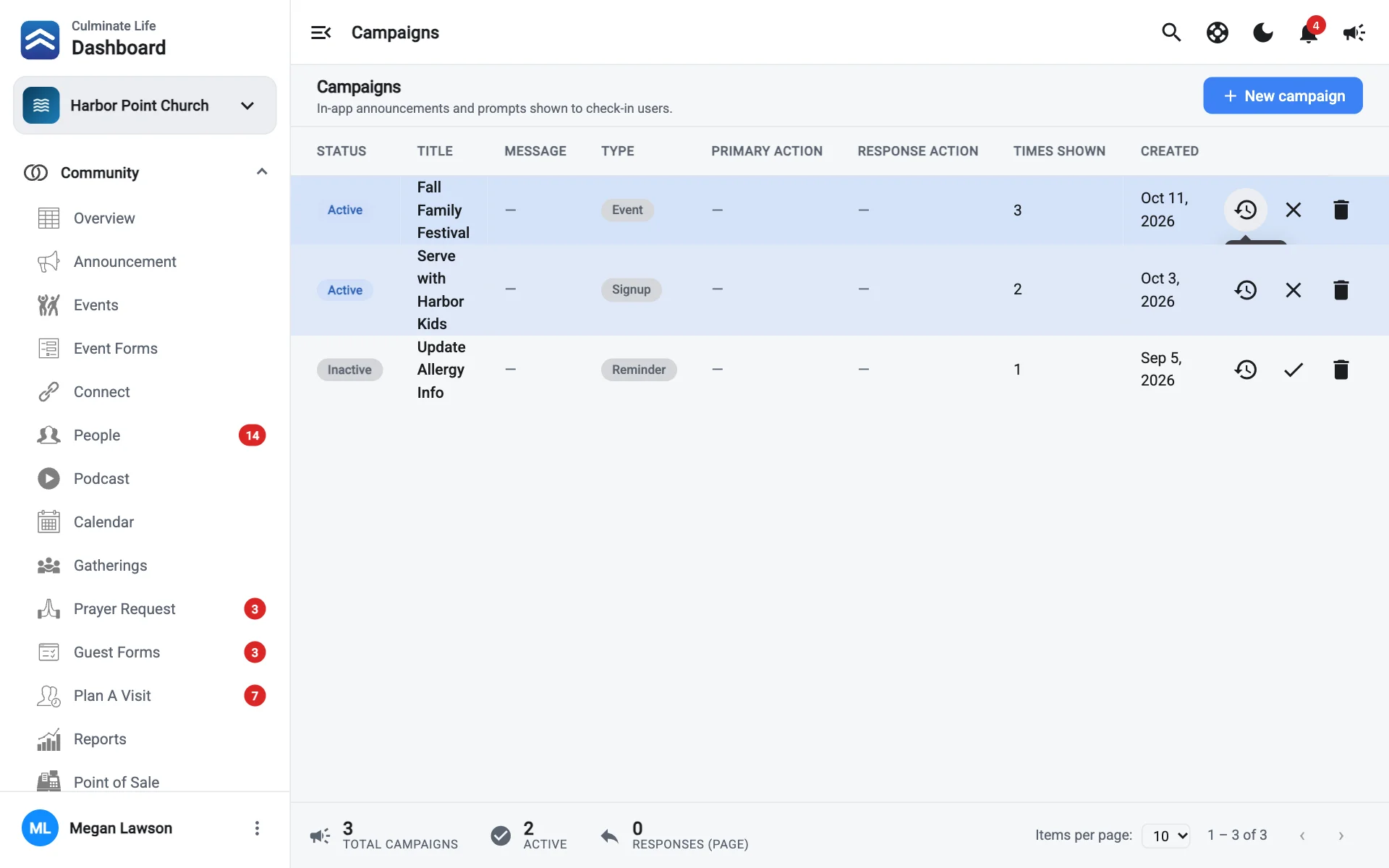 Check-in campaigns with their status and responses