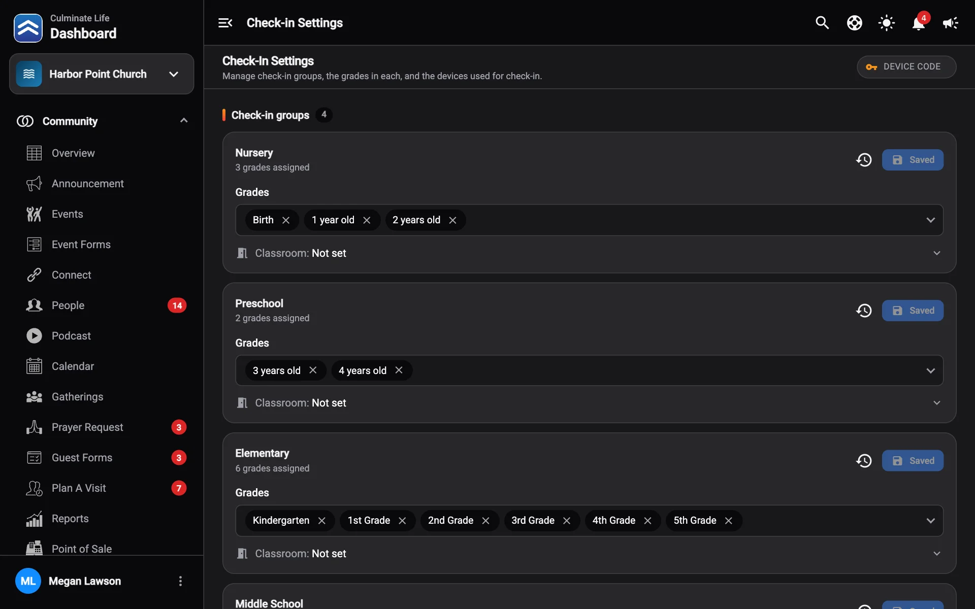 Check-in settings with groups, grades, and paired devices