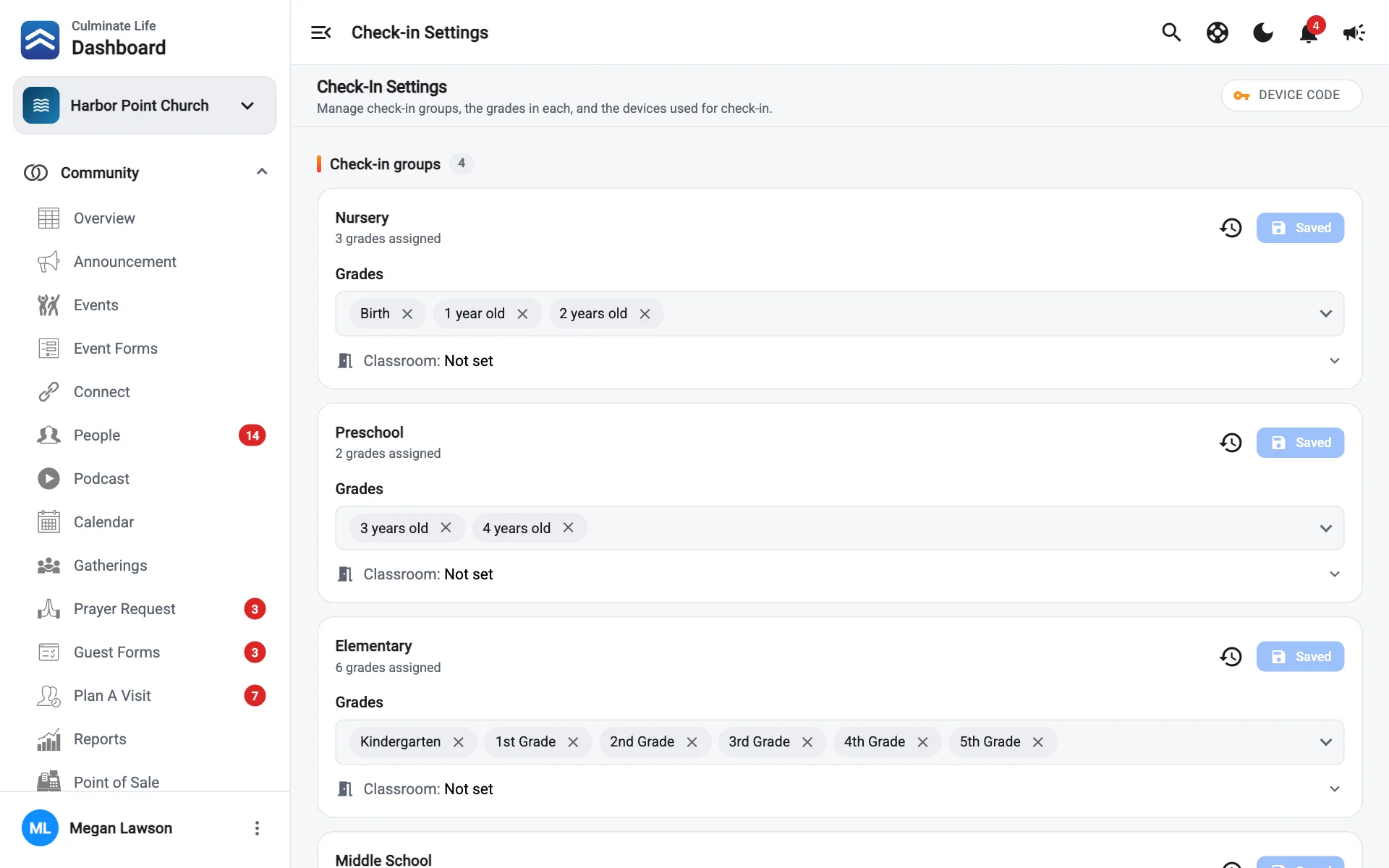 Check-in settings with groups, grades, and paired devices