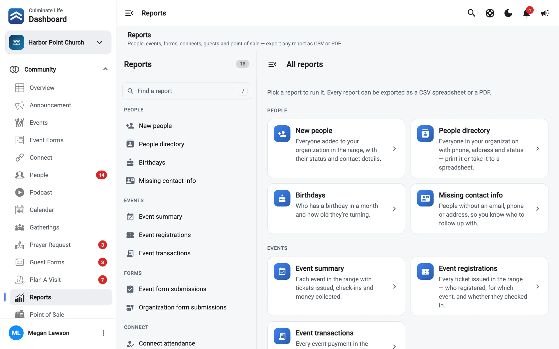 Community reports with the report list on the left