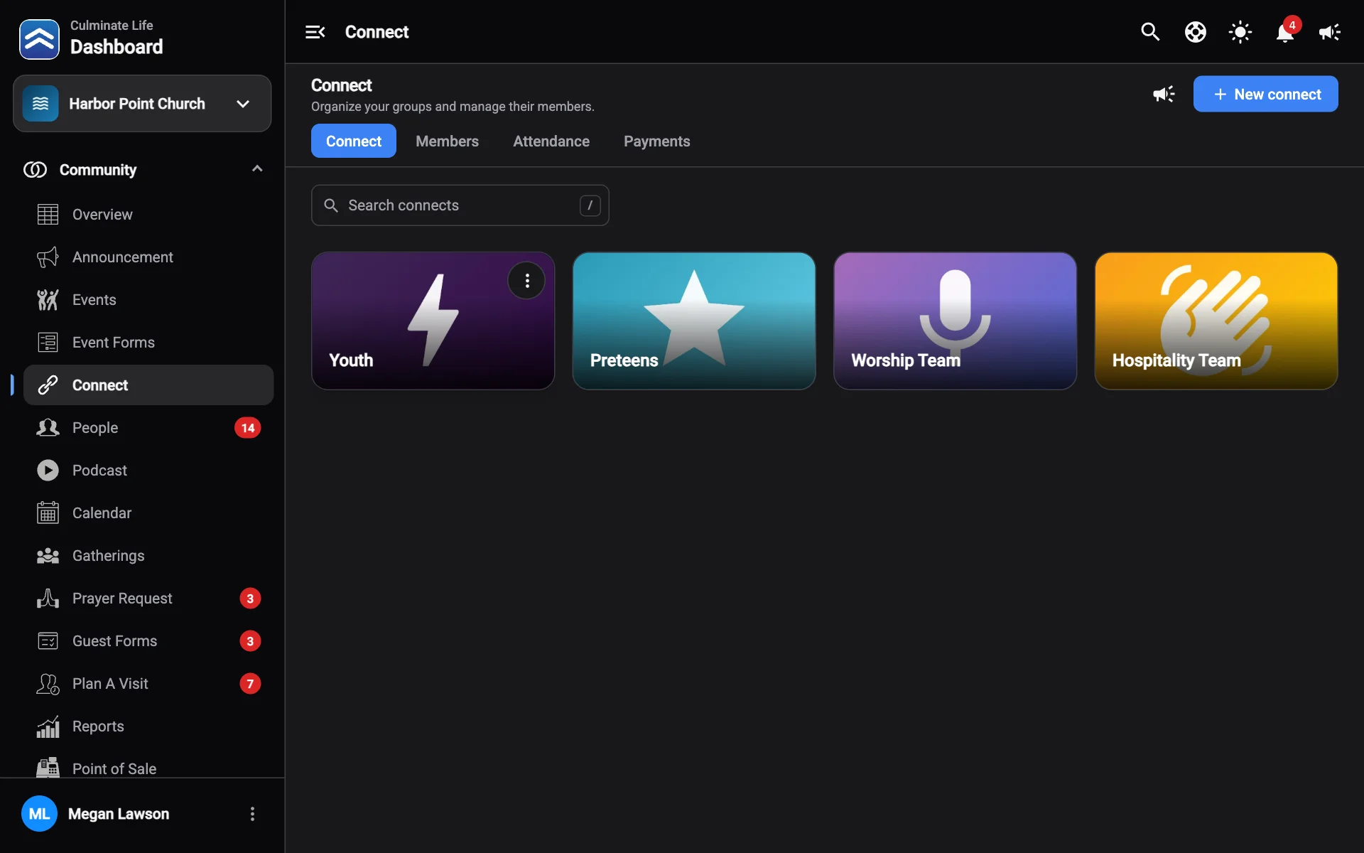 The Connect page with a list of connects