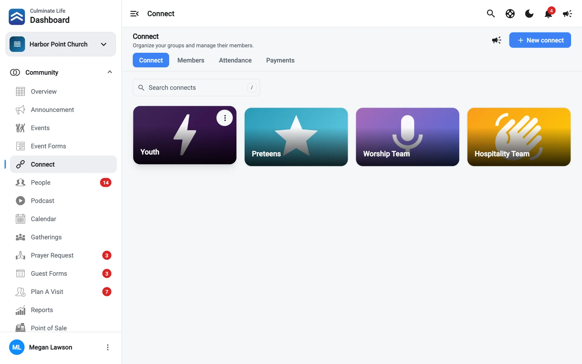 The Connect page with a list of connects