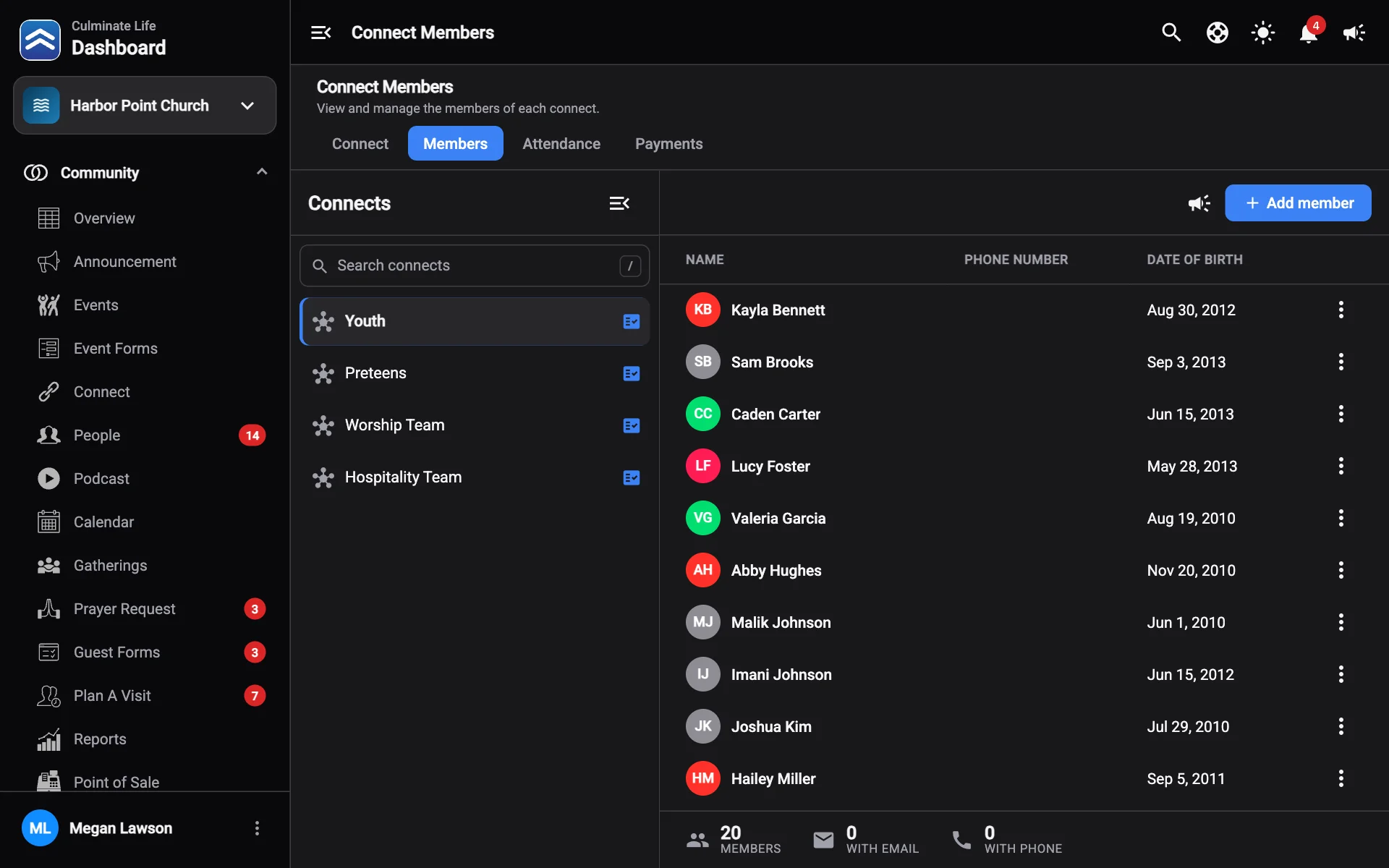 Connect members with the connects list on the left