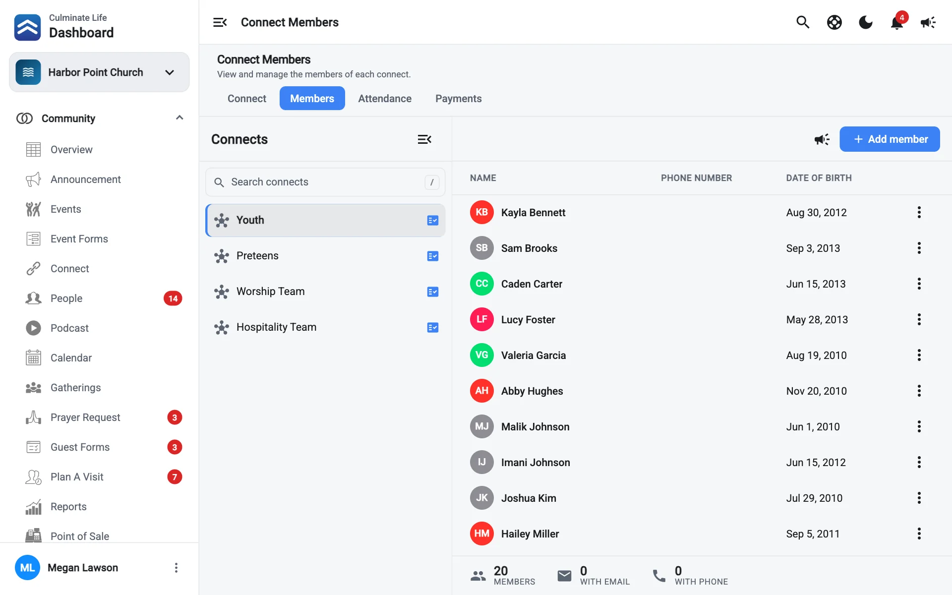 Connect members with the connects list on the left