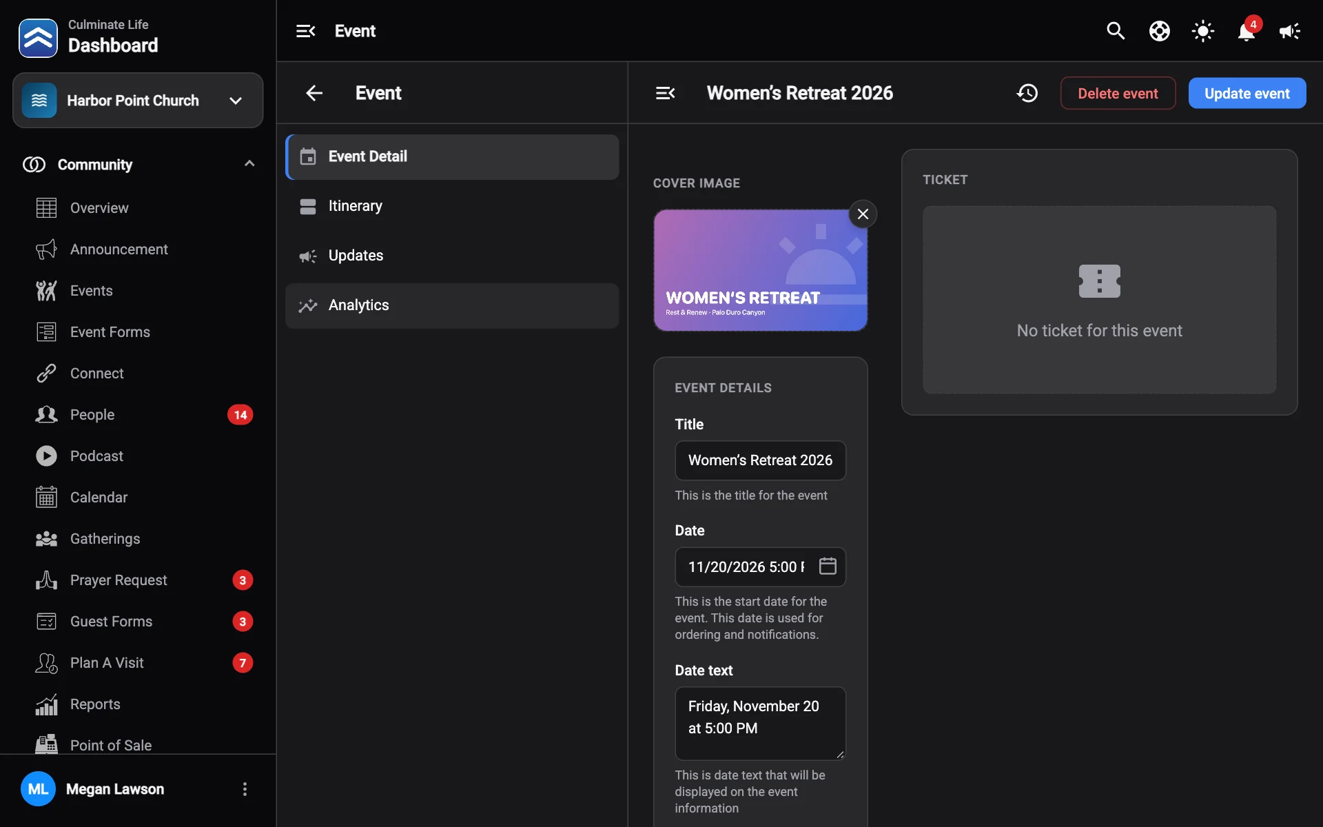 An event open on its Event Detail section