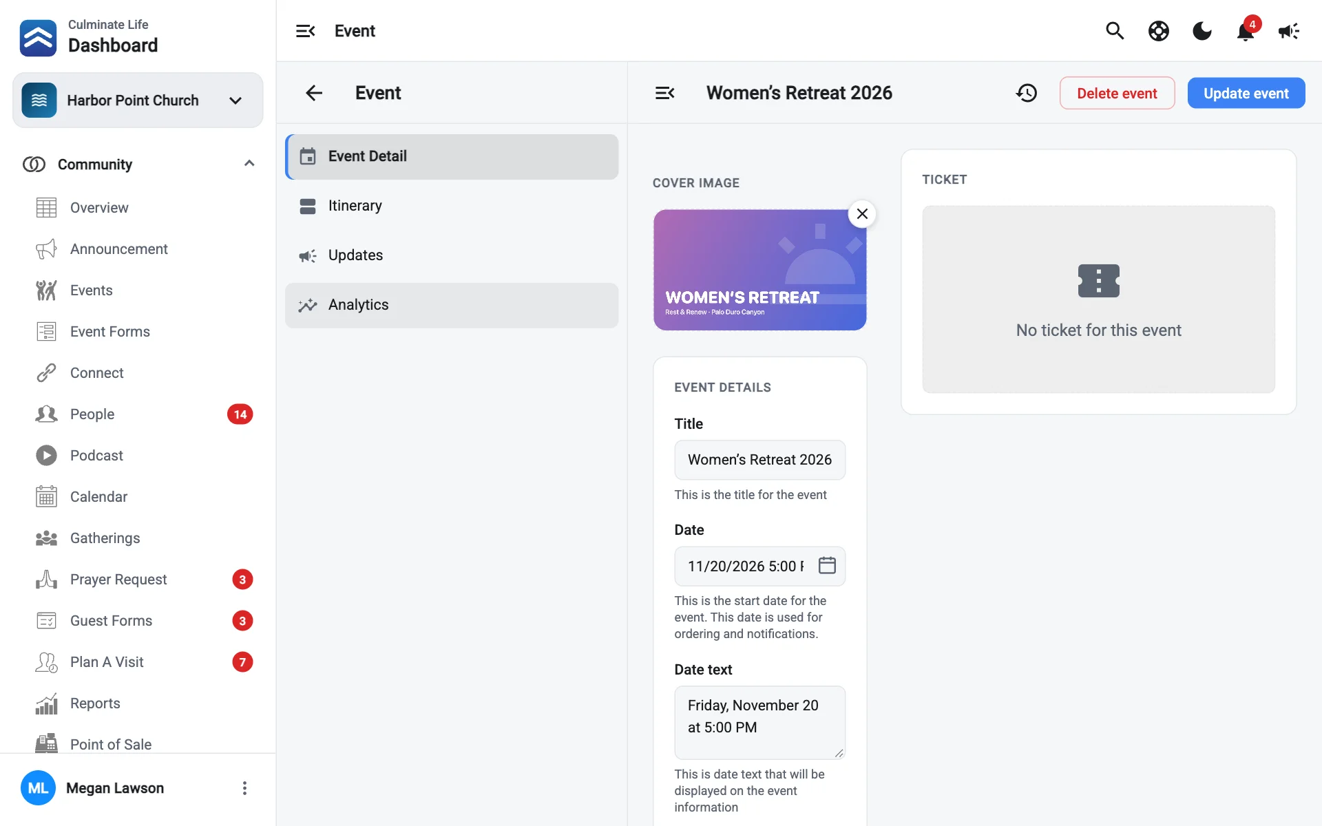 An event open on its Event Detail section