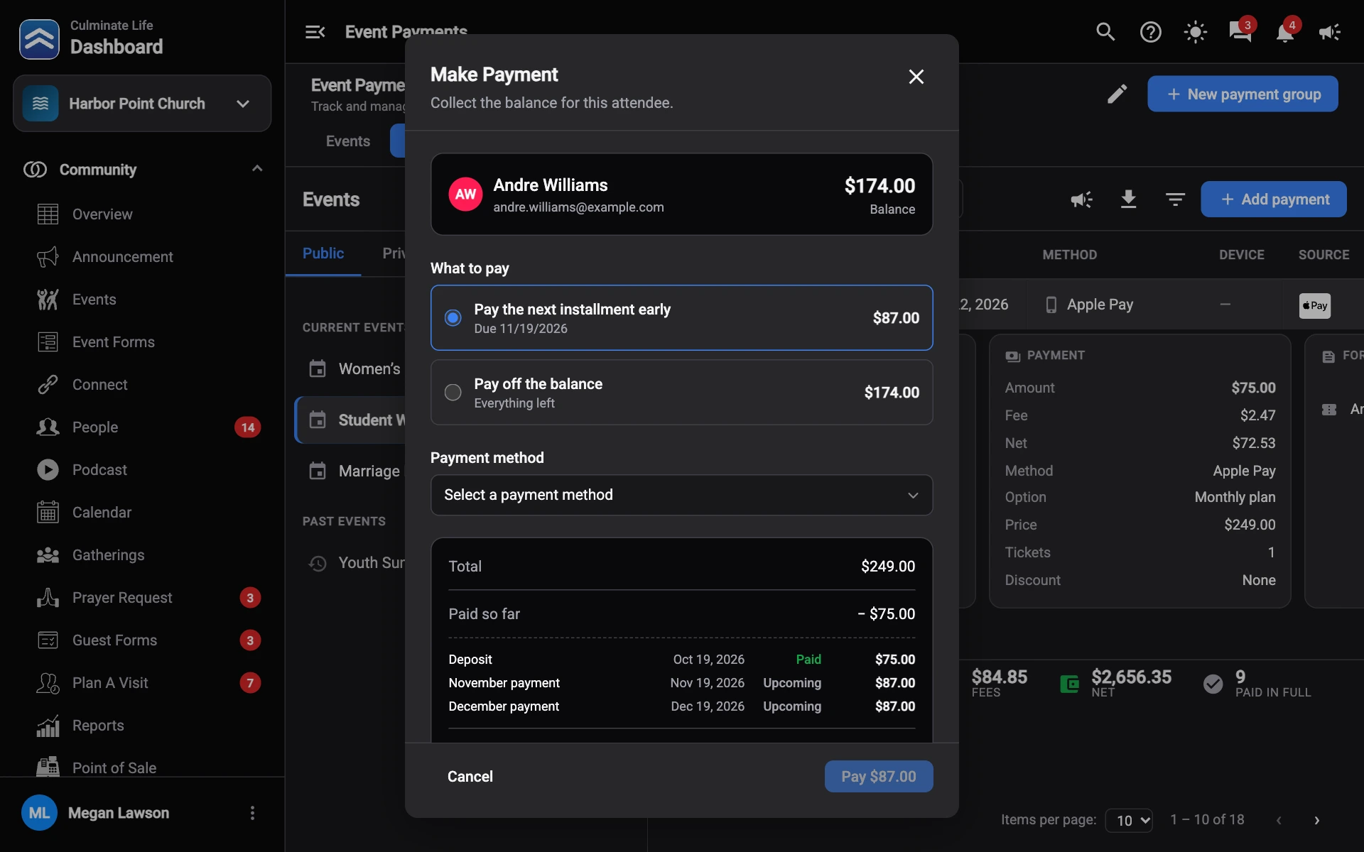 Make Payment for an installment plan, with What to pay choices and the schedule marked Paid and Upcoming