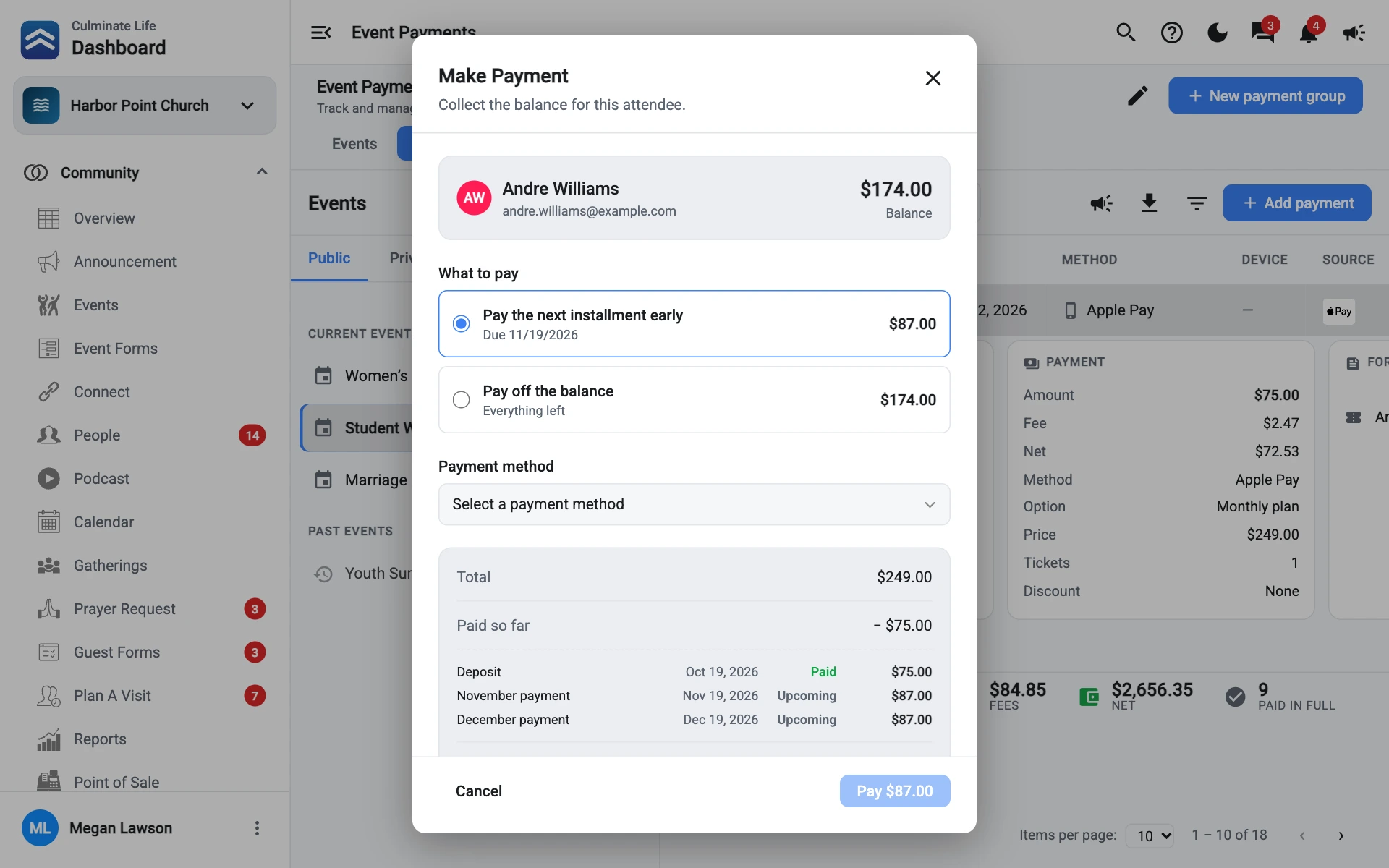 Make Payment for an installment plan, with What to pay choices and the schedule marked Paid and Upcoming
