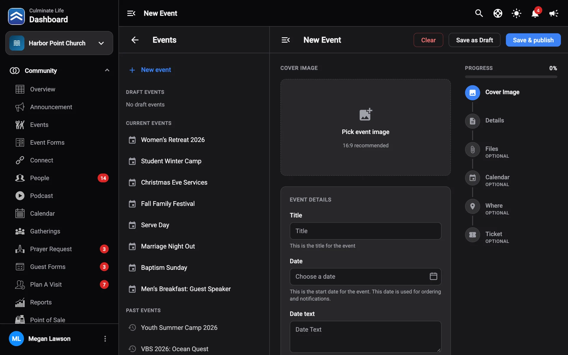 The New event page with the events list on the left and the event form on the right