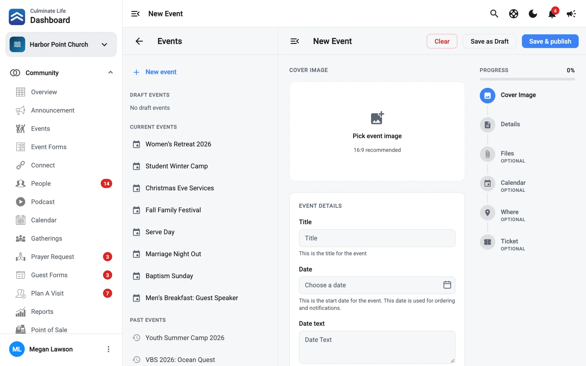 The New event page with the events list on the left and the event form on the right