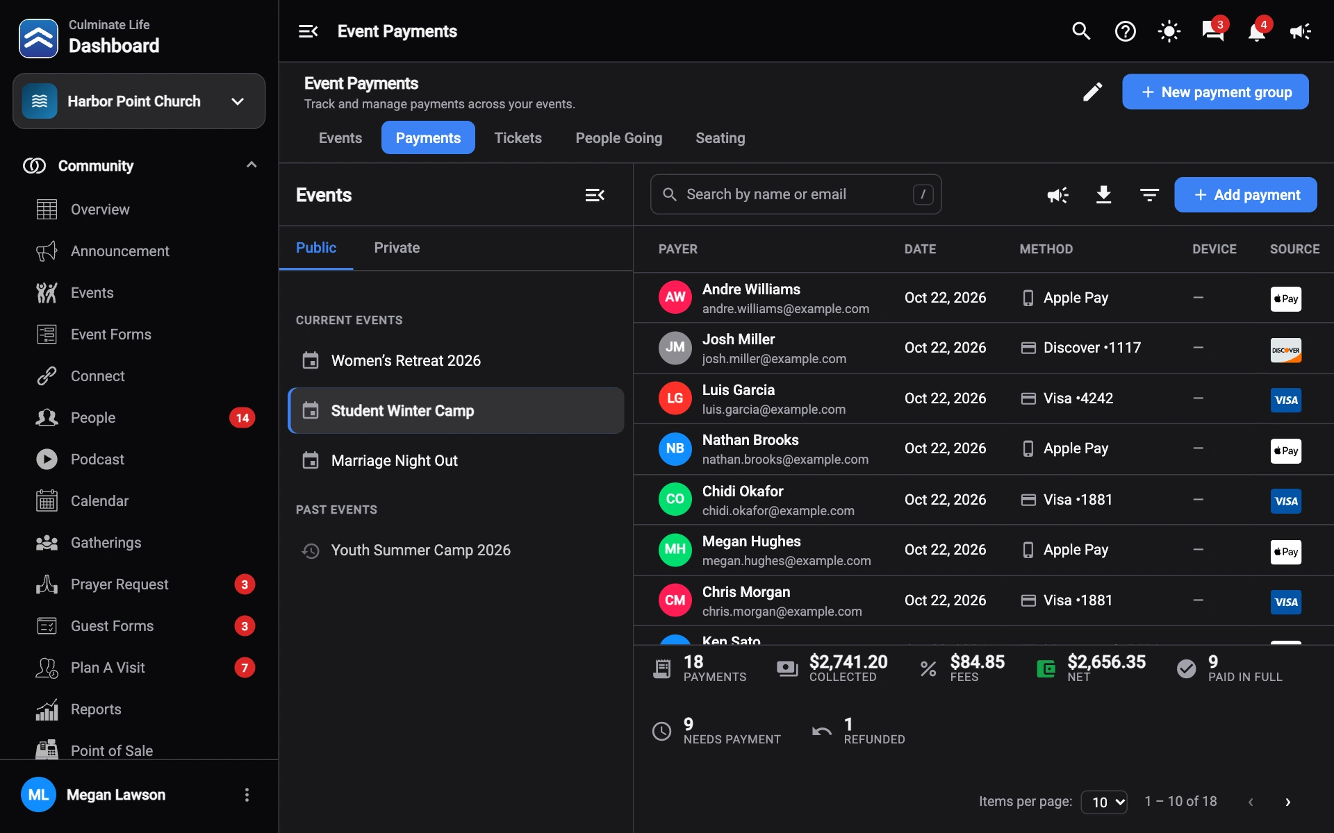 Event payments with the events list on the left and payments on the right