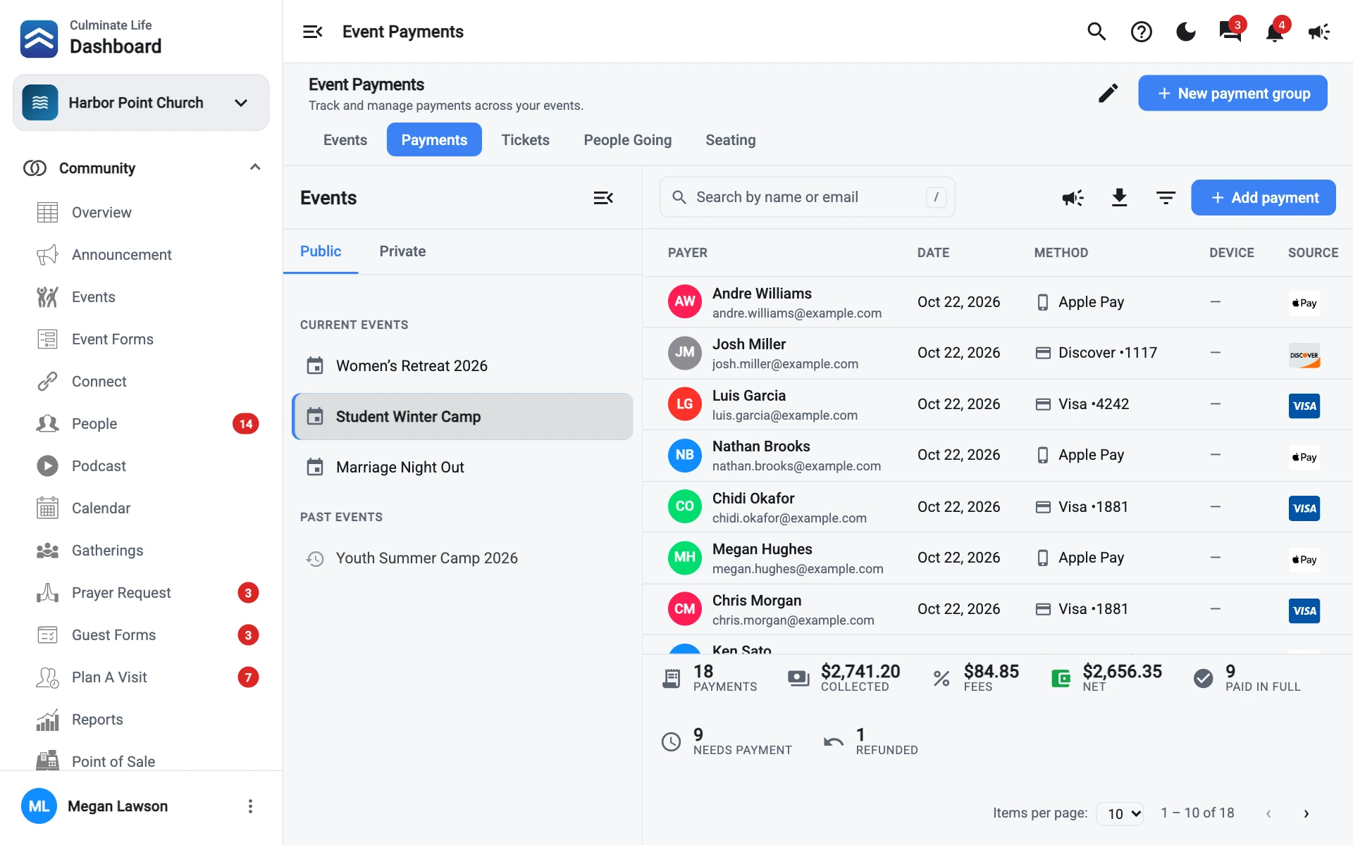 Event payments with the events list on the left and payments on the right