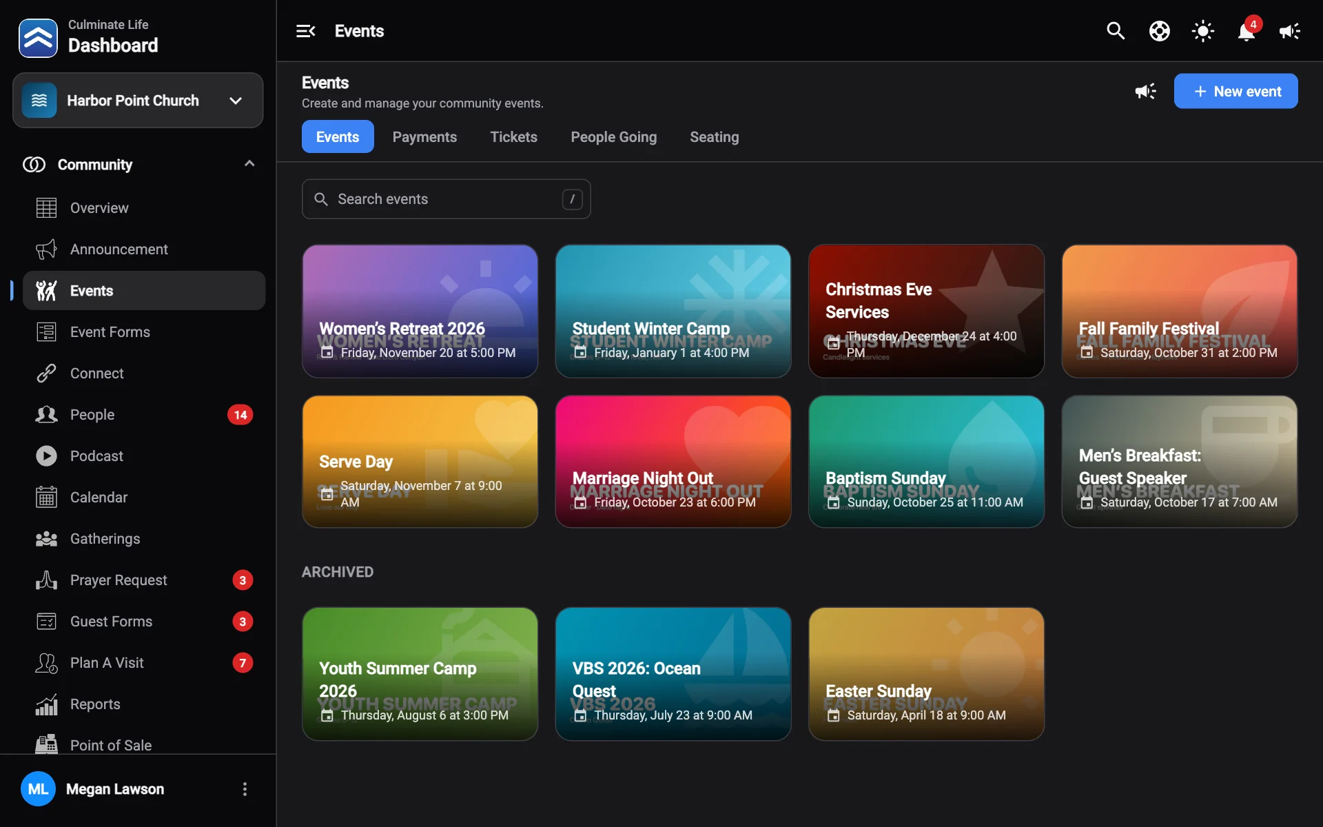 The Events page with upcoming events as cards