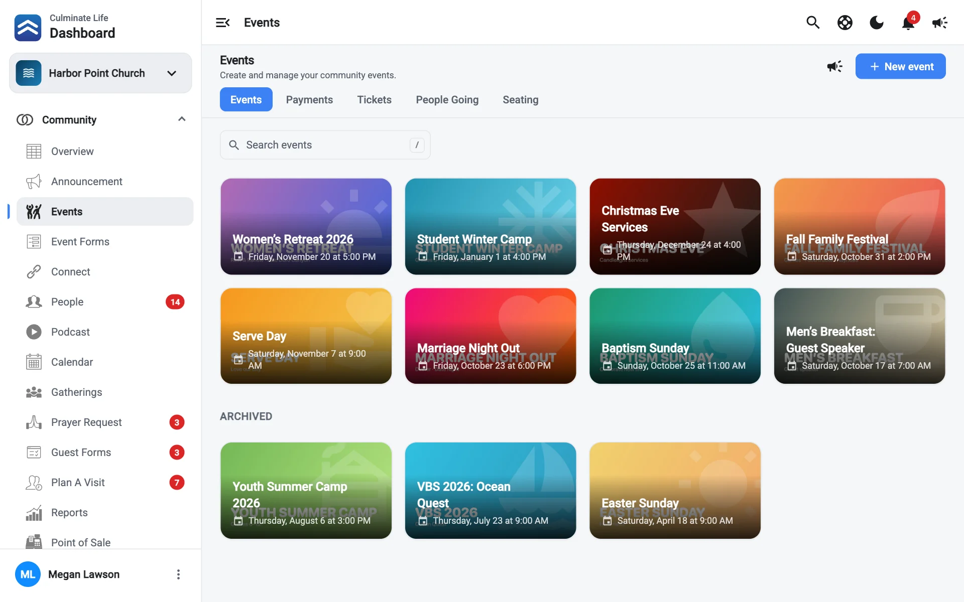 The Events page with upcoming events as cards