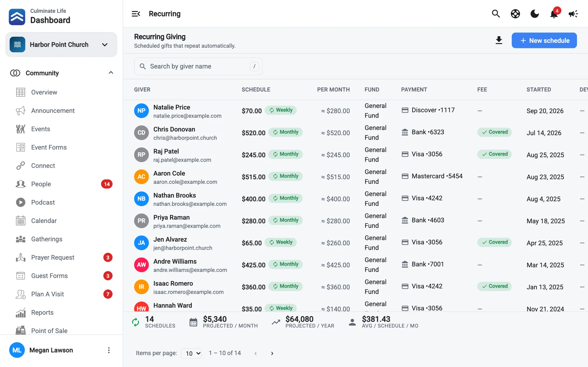 Recurring giving schedules