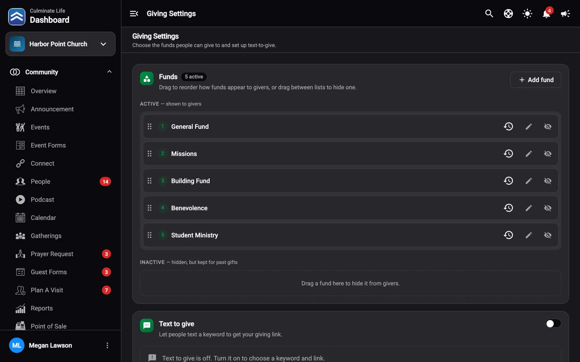 Giving settings with active and inactive funds