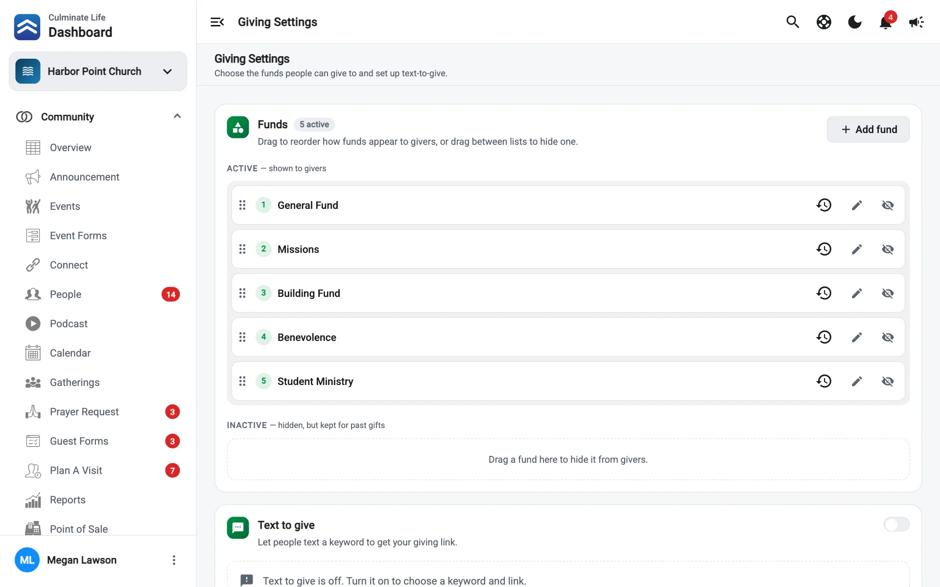 Giving settings with active and inactive funds