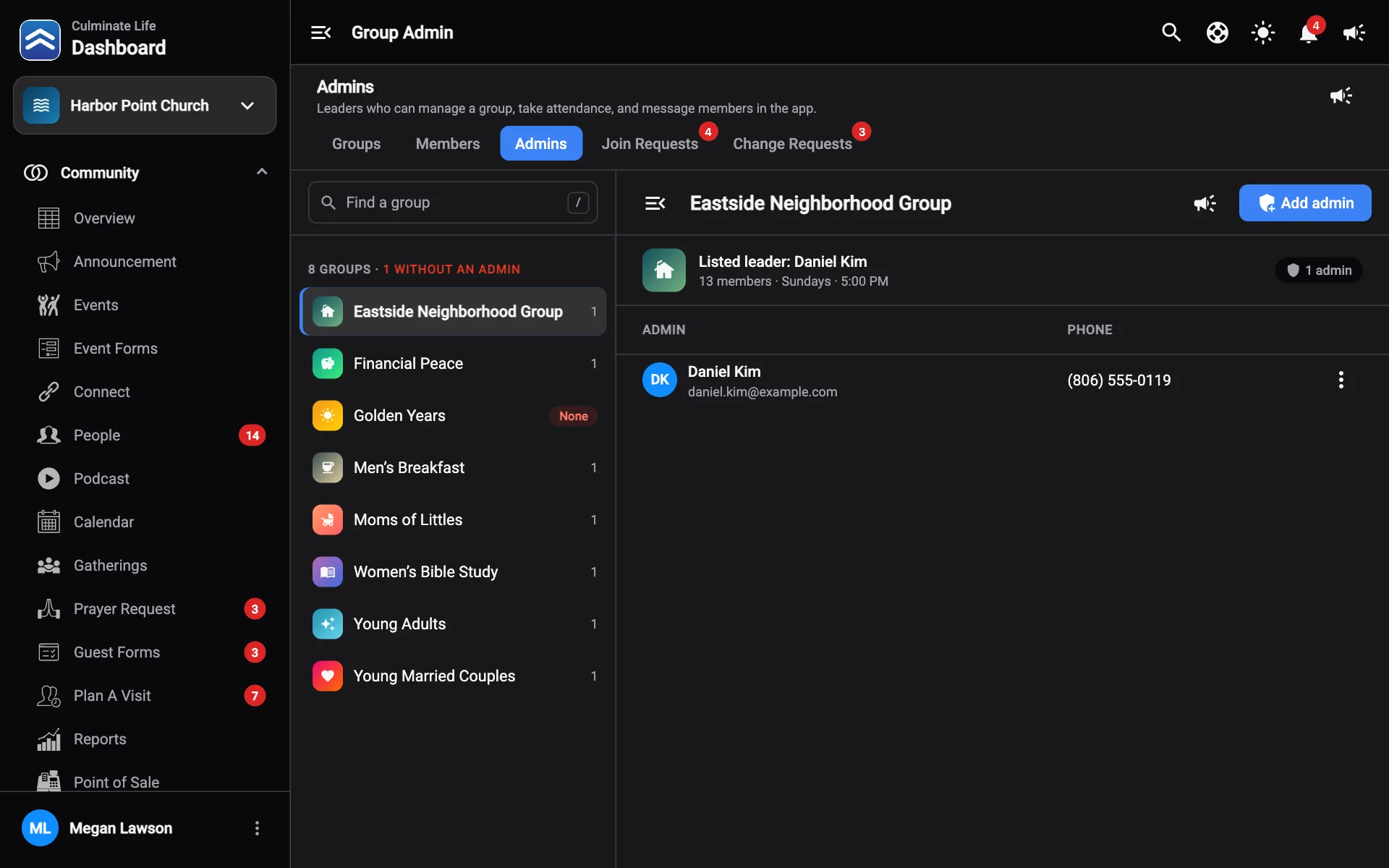 Group admins for a selected group