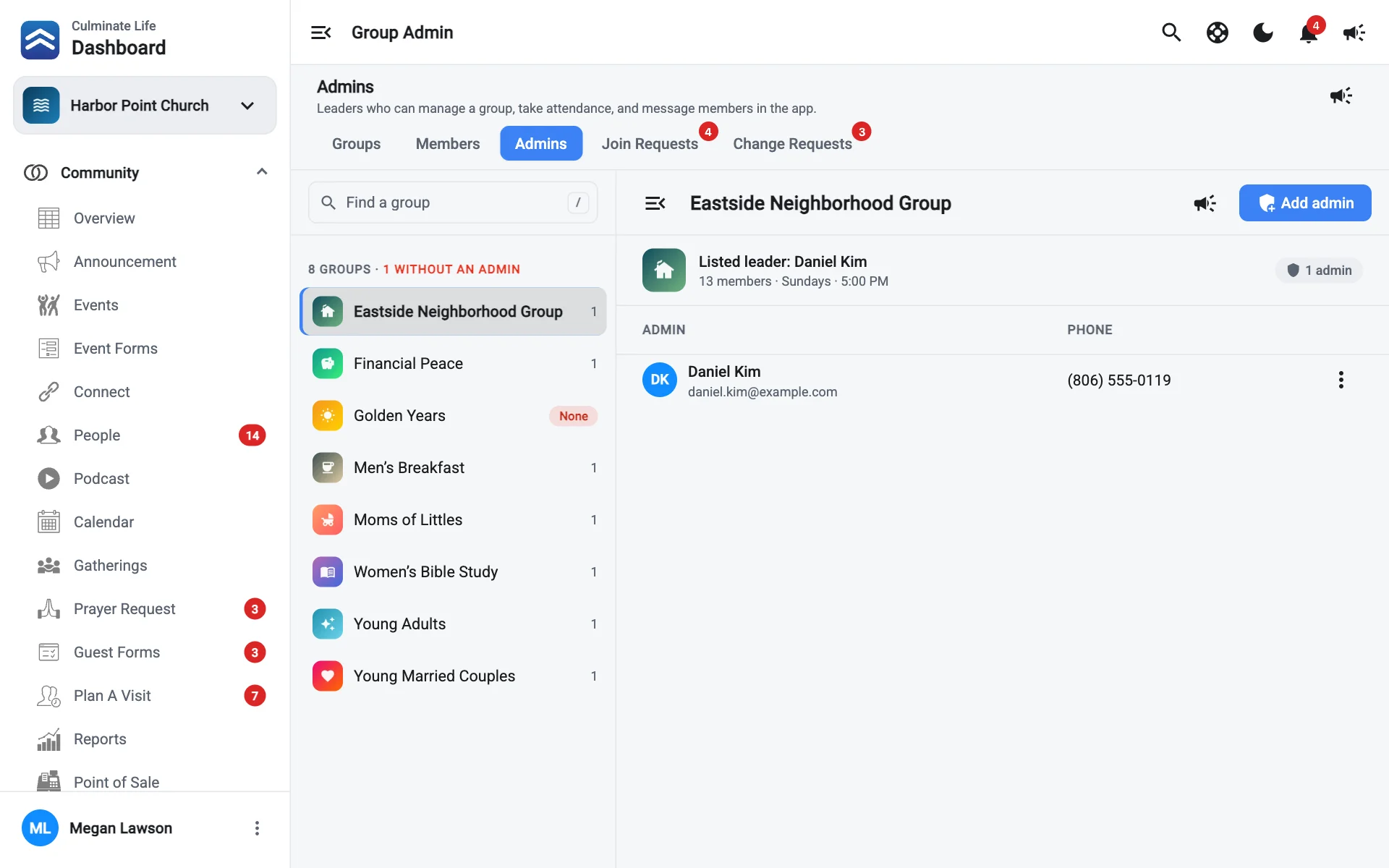 Group admins for a selected group