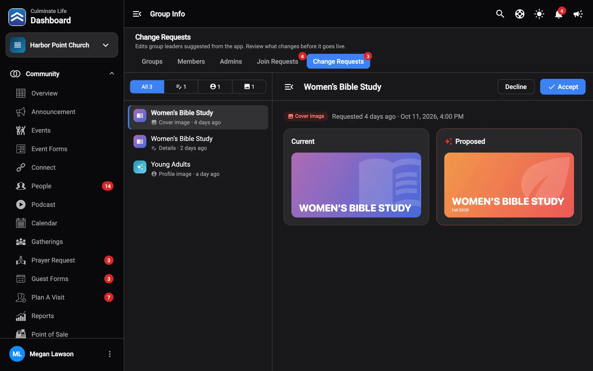 A group change request comparing current and proposed details