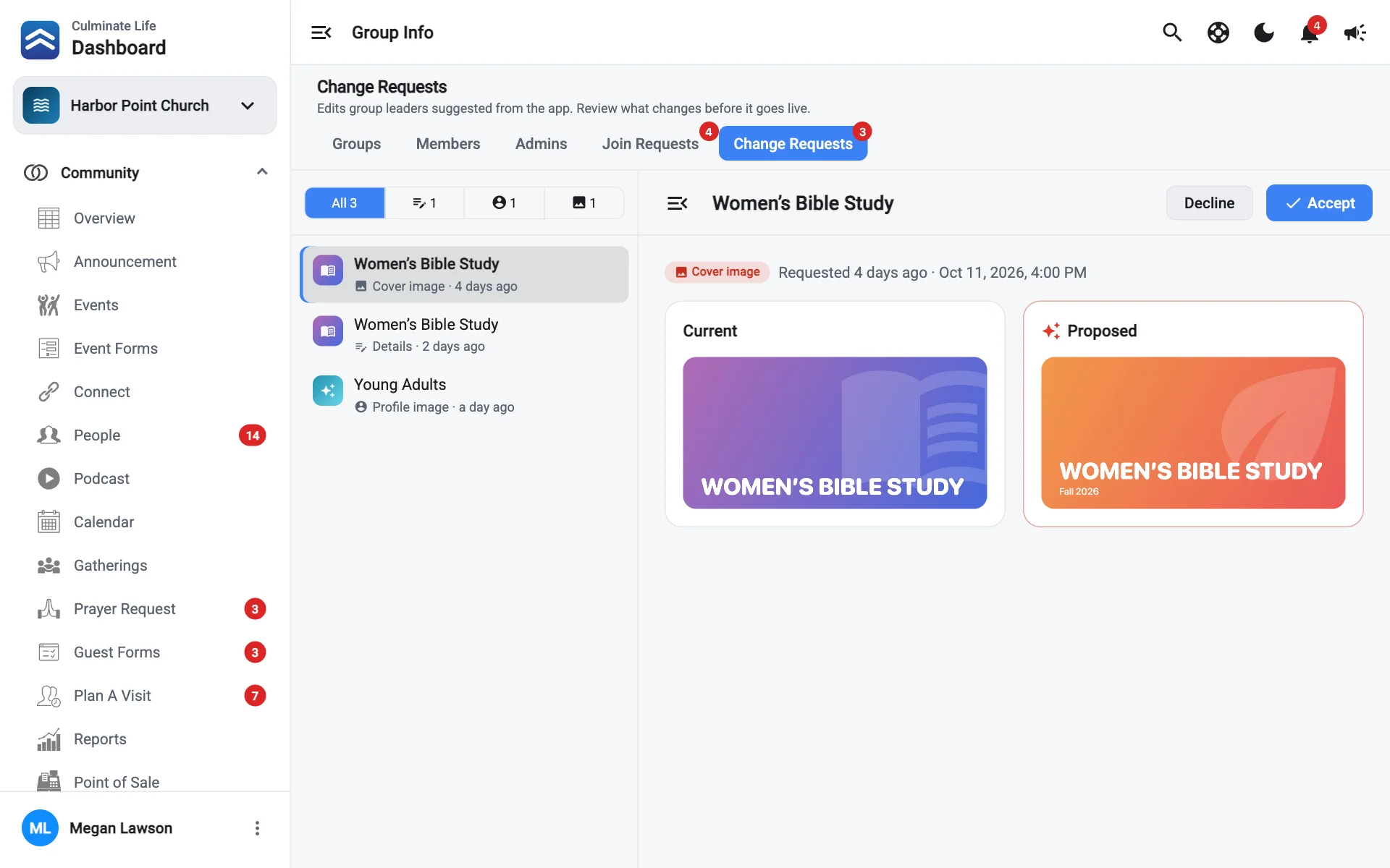 A group change request comparing current and proposed details