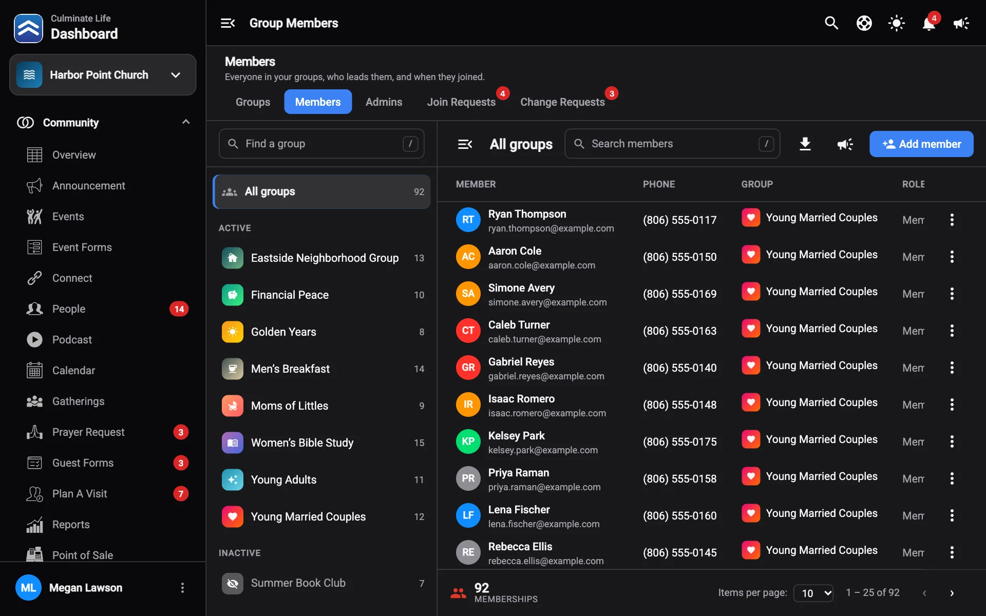 Group members with the groups list on the left