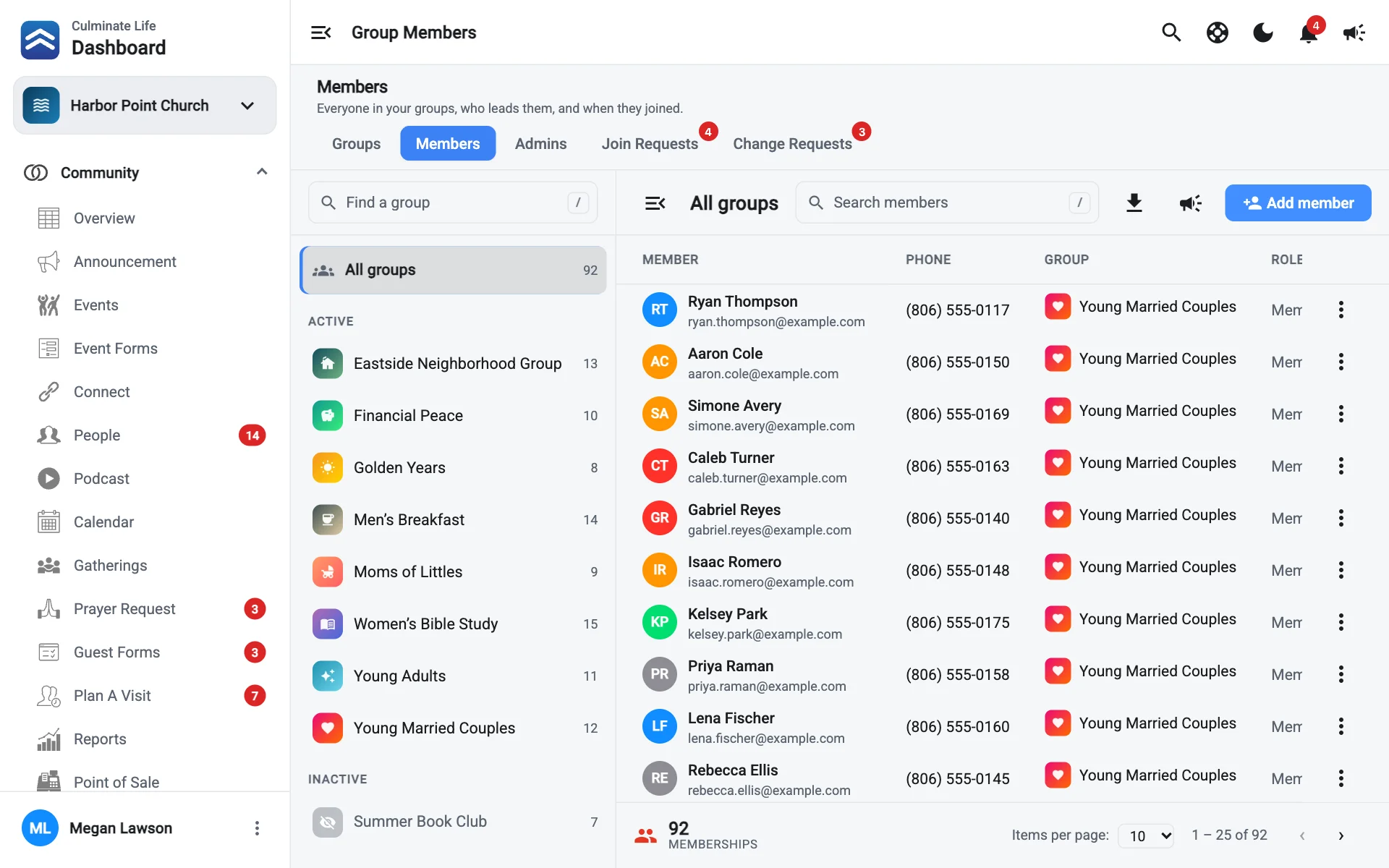 Group members with the groups list on the left