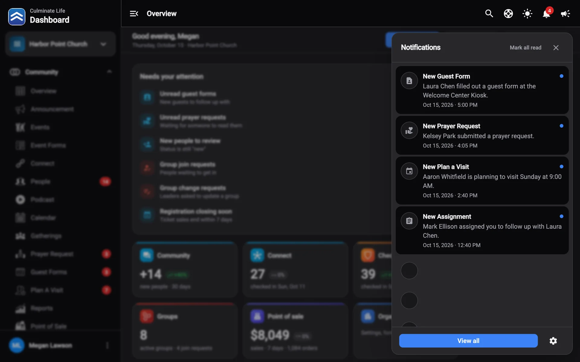 The notifications drawer open on the right