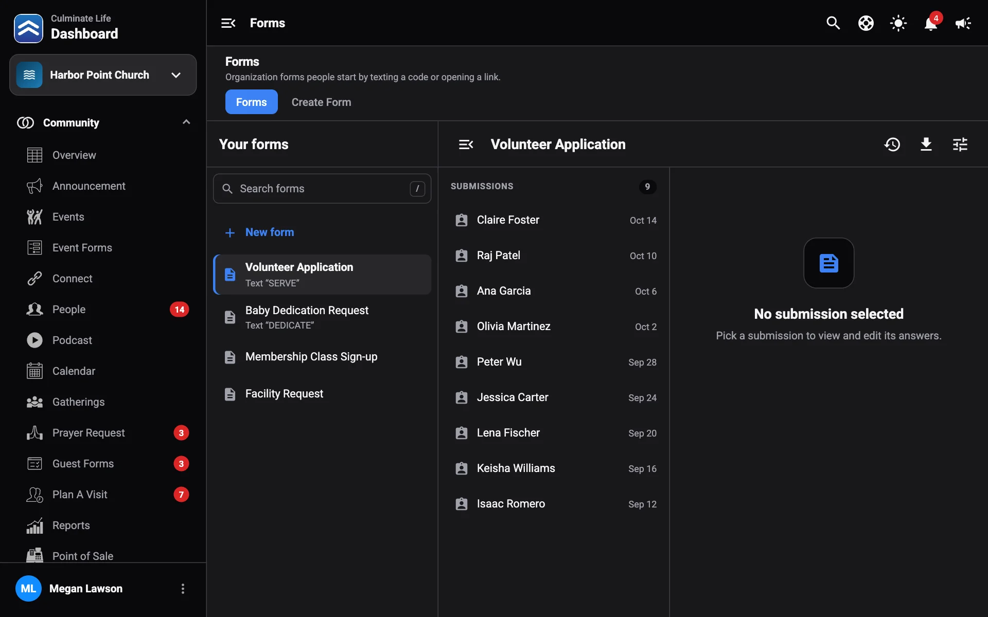 Organization forms with submissions