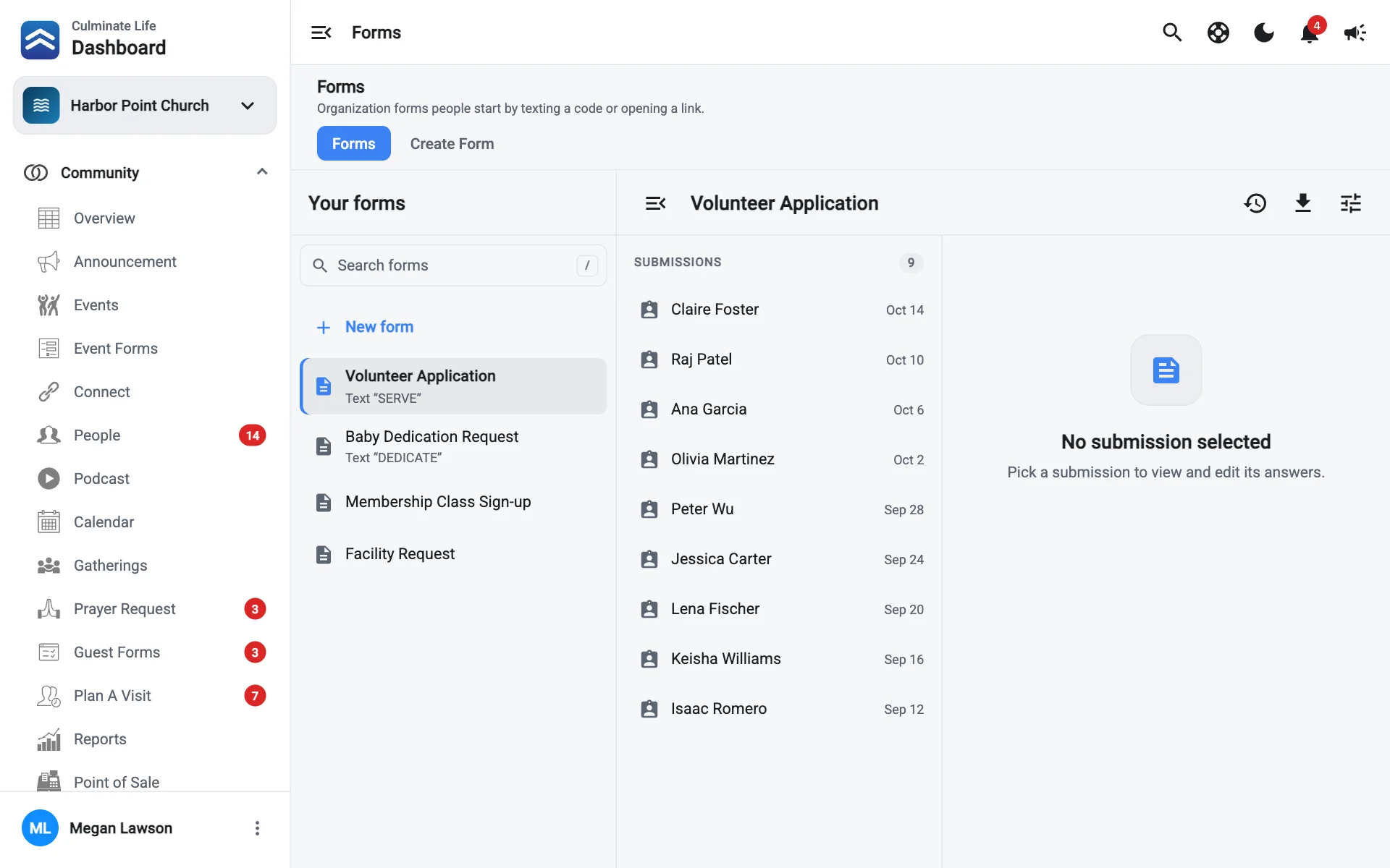 Organization forms with submissions